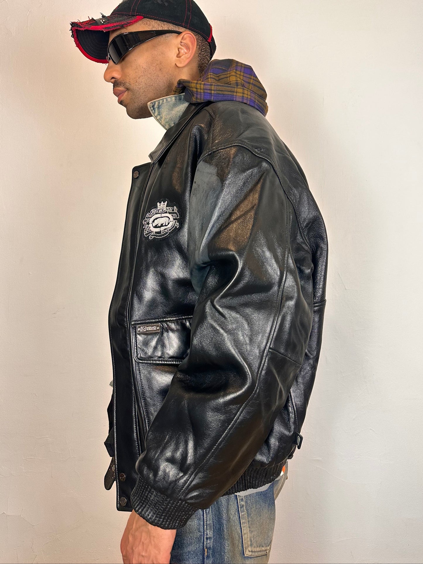 VINTAGE ECKO LEATHER BOMBER JACKET _ BLACK_ XXL