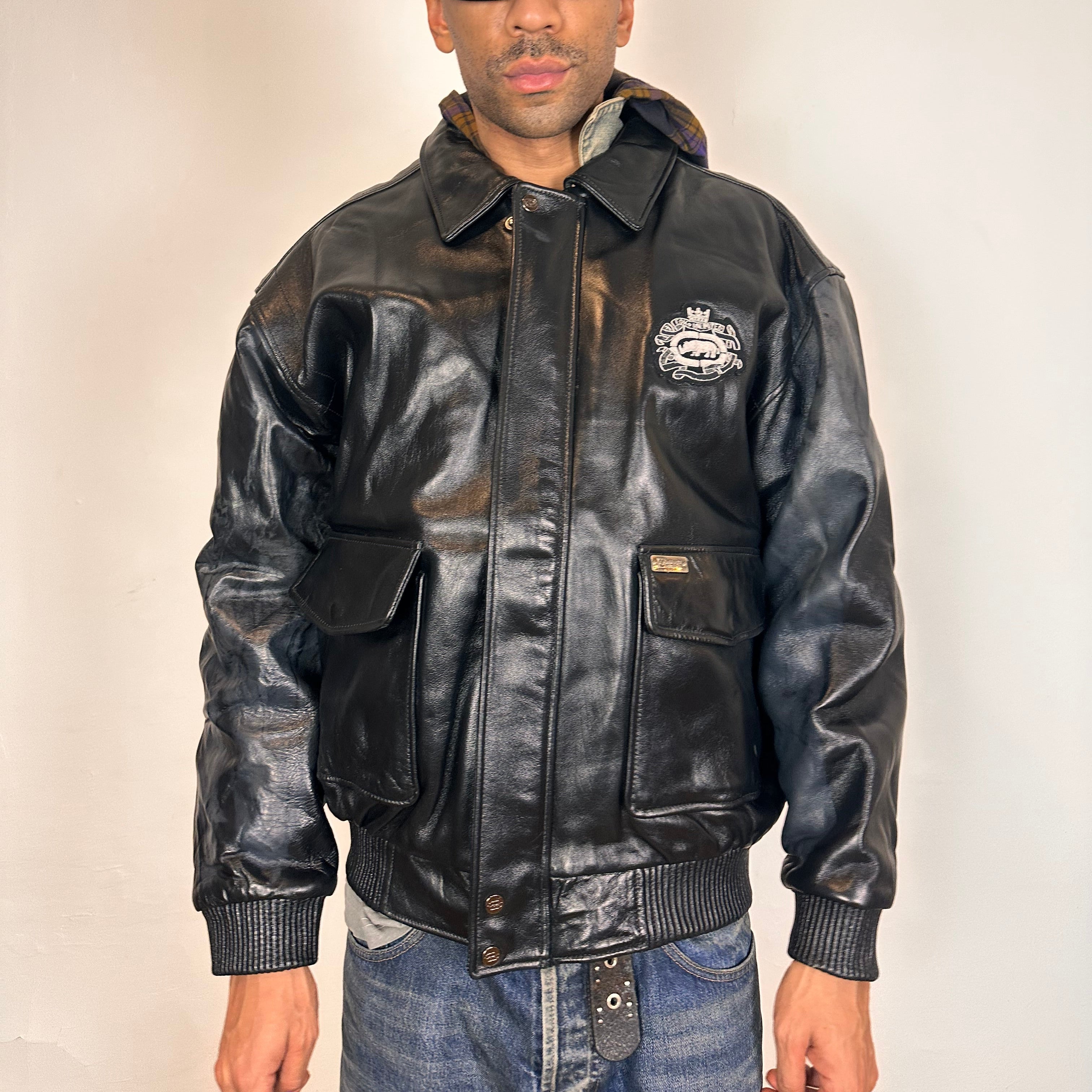 VINTAGE ECKO LEATHER BOMBER JACKET _ BLACK_ XXL – astroboi-vintage