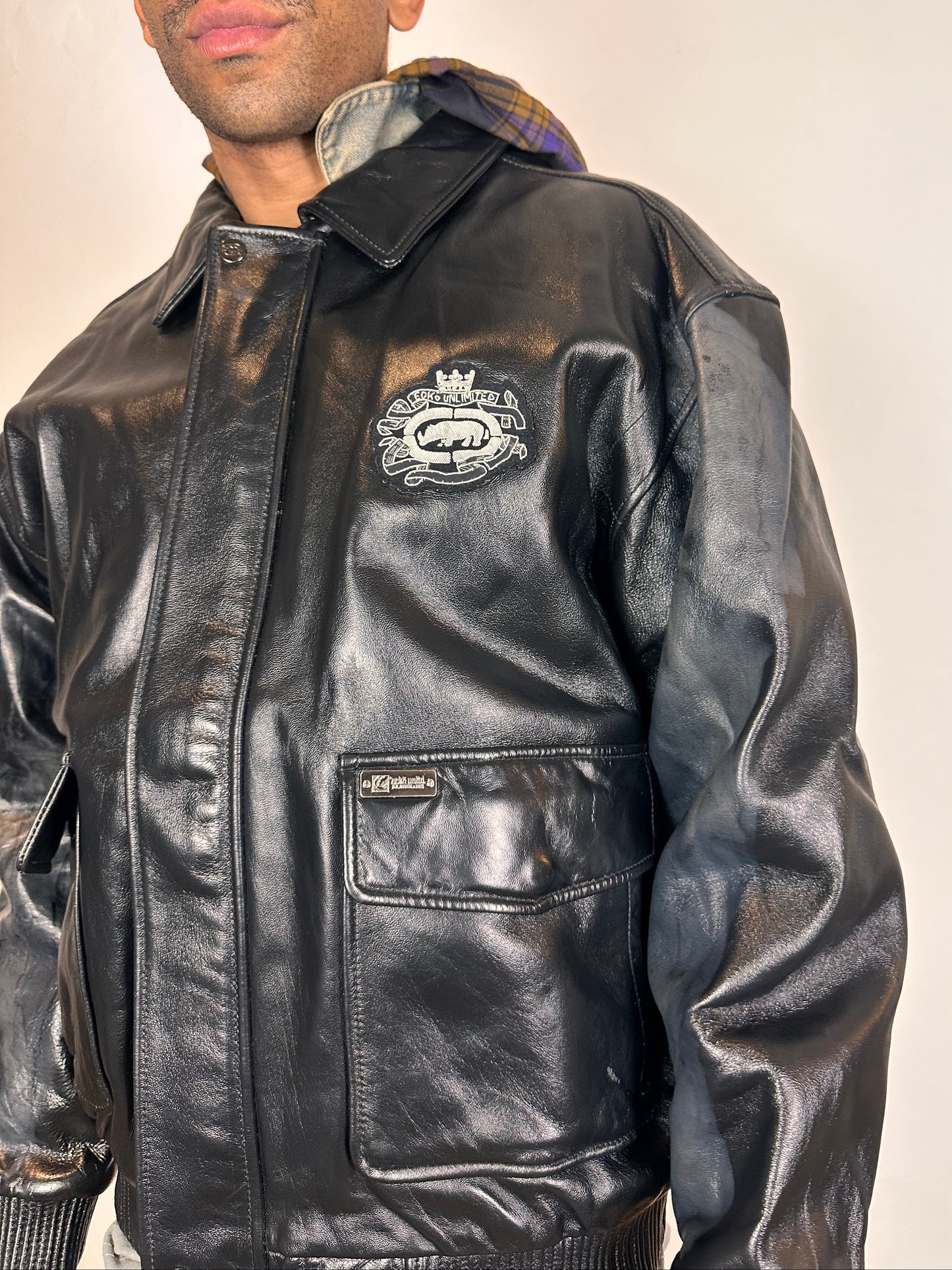 VINTAGE ECKO LEATHER BOMBER JACKET _ BLACK_ XXL
