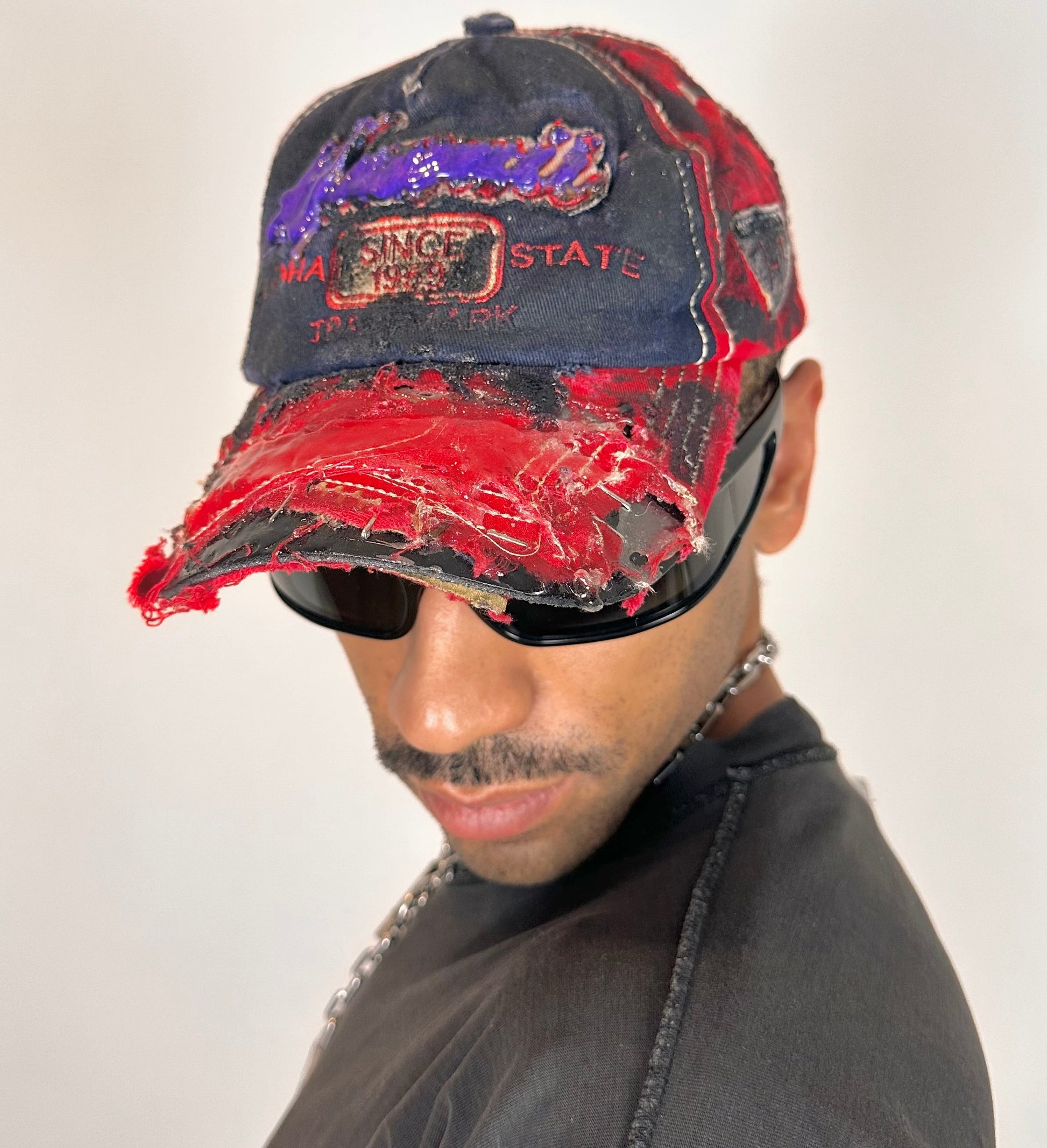 Front left side of Blue and red ASTROBOI* hat featuring a purple resin-coated Hawaii graphic, deconstructed visor with clear resin, and black painted accents.