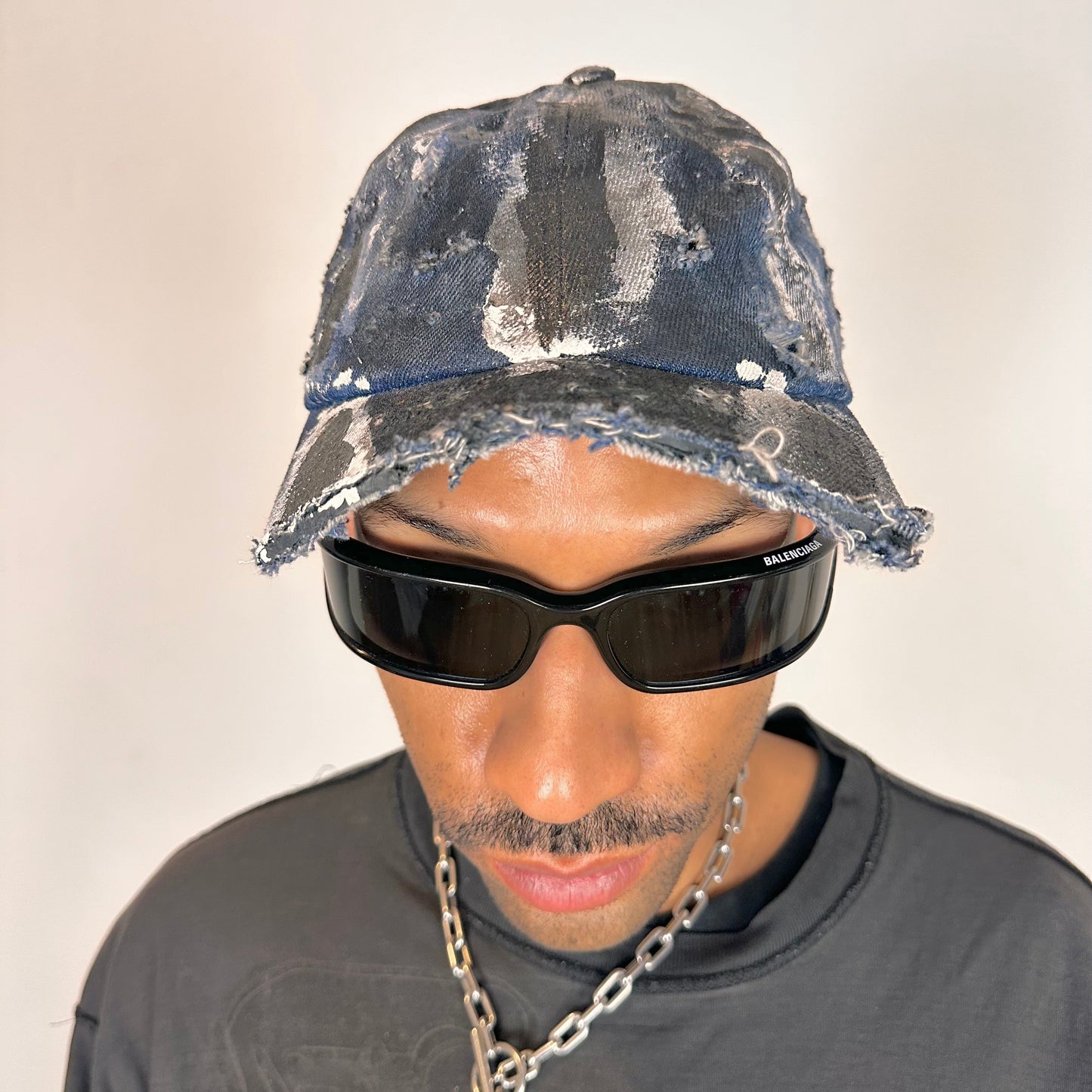 ASTROBOI* DISTRESSED HALF VISOR BLUE DENIM PAINTED HAT
