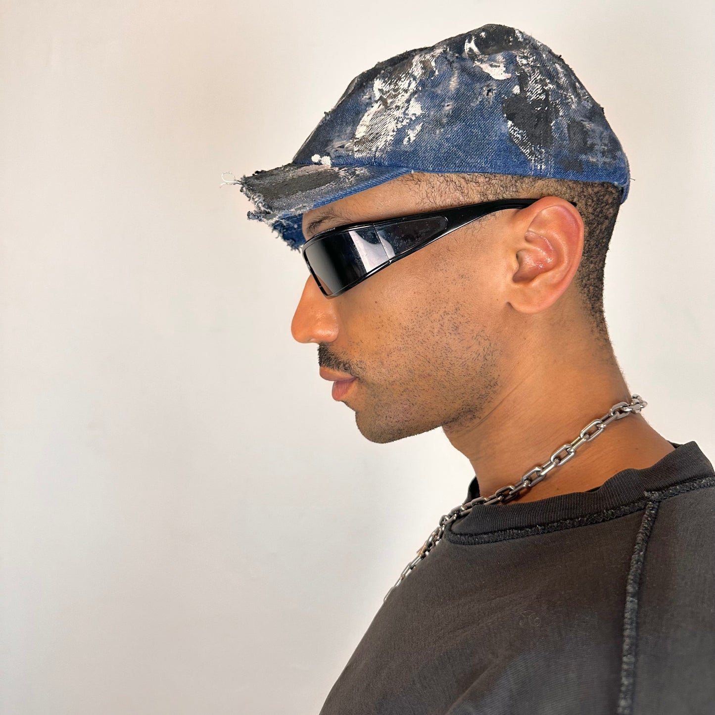 ASTROBOI* DISTRESSED HALF VISOR BLUE DENIM PAINTED HAT