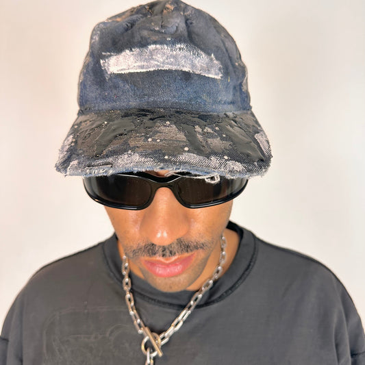 ASTROBOI* 'Denim Tar' Blue Distressed Painted Rhinestone Resin Hat -  front overview 