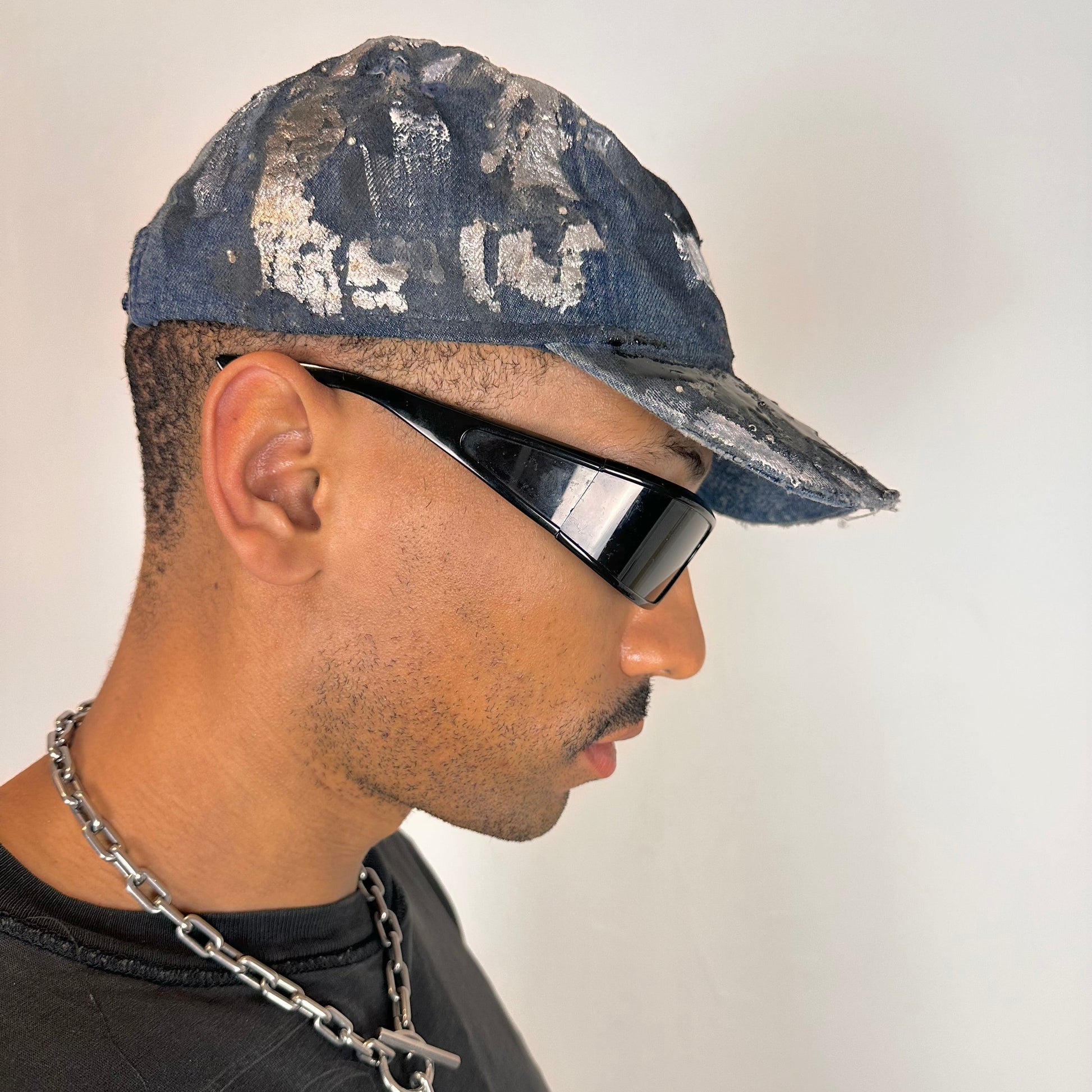 ASTROBOI* 'Denim Tar' Blue Distressed Painted Rhinestone Resin Hat - right 