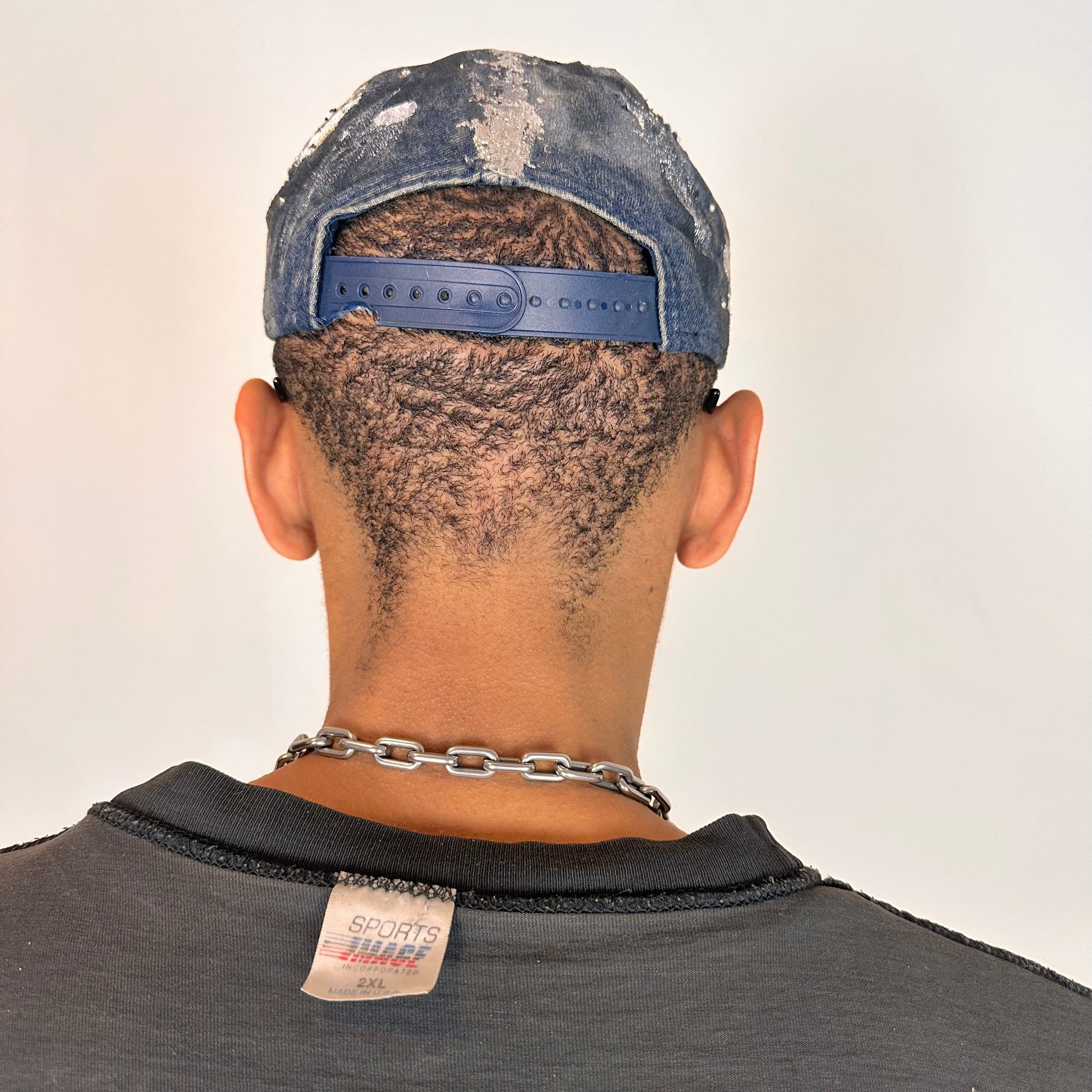 ASTROBOI* 'Denim Tar' Blue Distressed Painted Rhinestone Resin Hat -  back