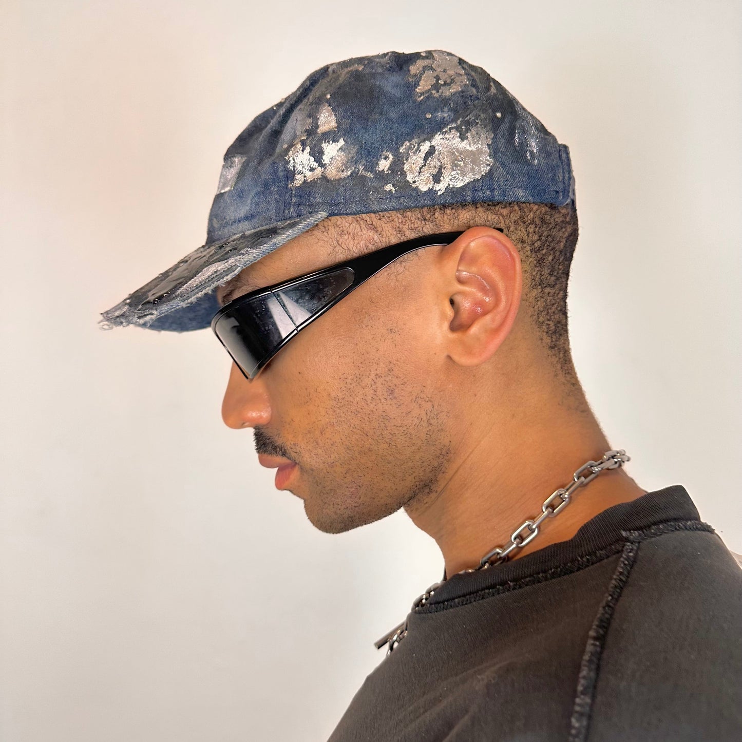 ASTROBOI* 'Denim Tar' Blue Distressed Painted Rhinestone Resin Hat -  left