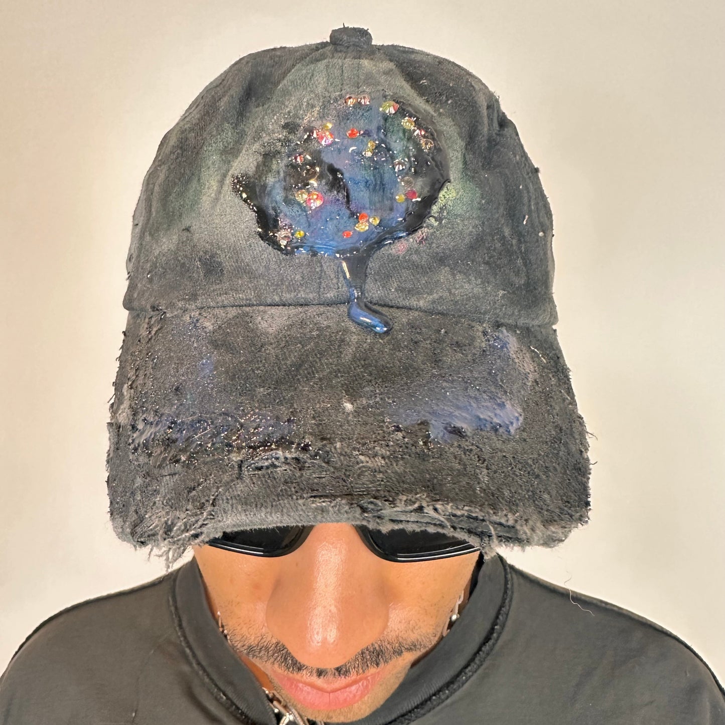 ASTROBOI* 'Enchanted' Black Distressed Rhinestone Resin Hat - front 
