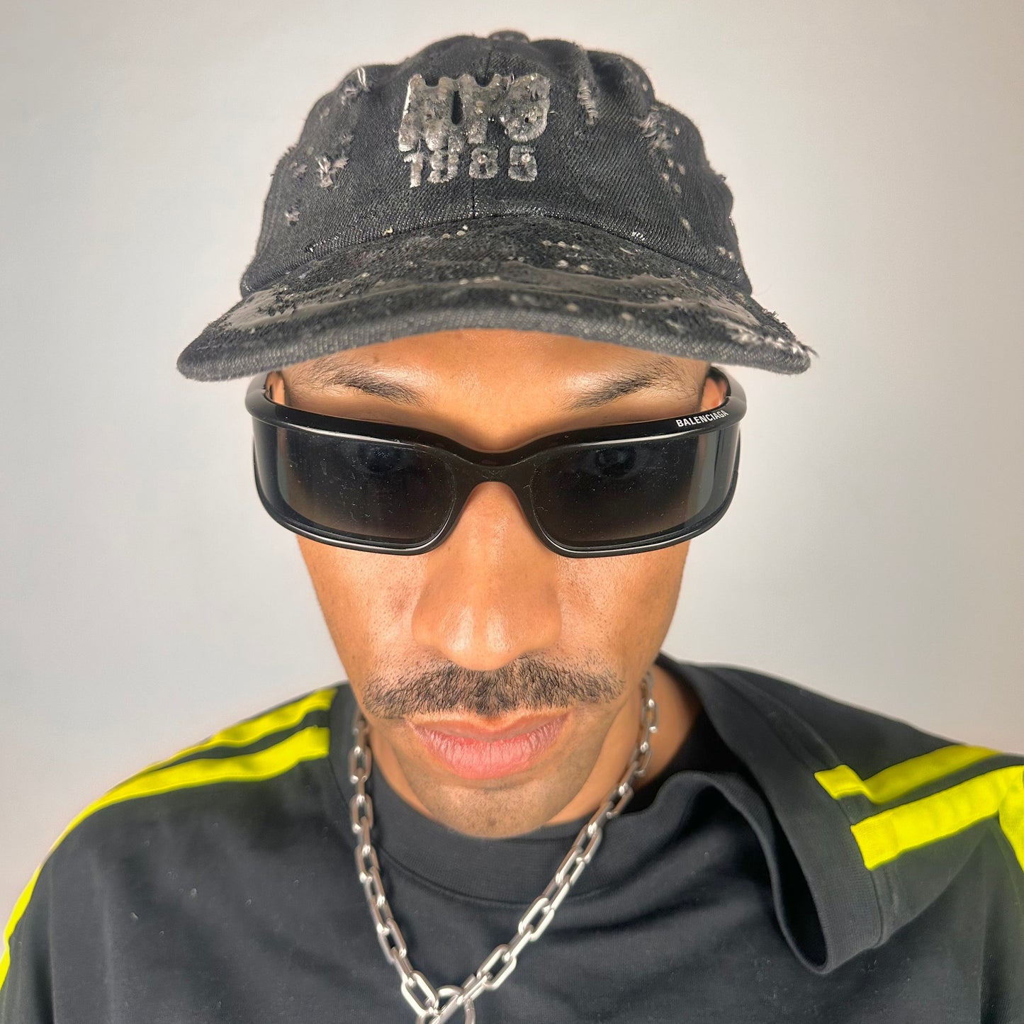 ASTROBOI* New York Black Distressed Denim Resin Rhinestone Hat - overview 