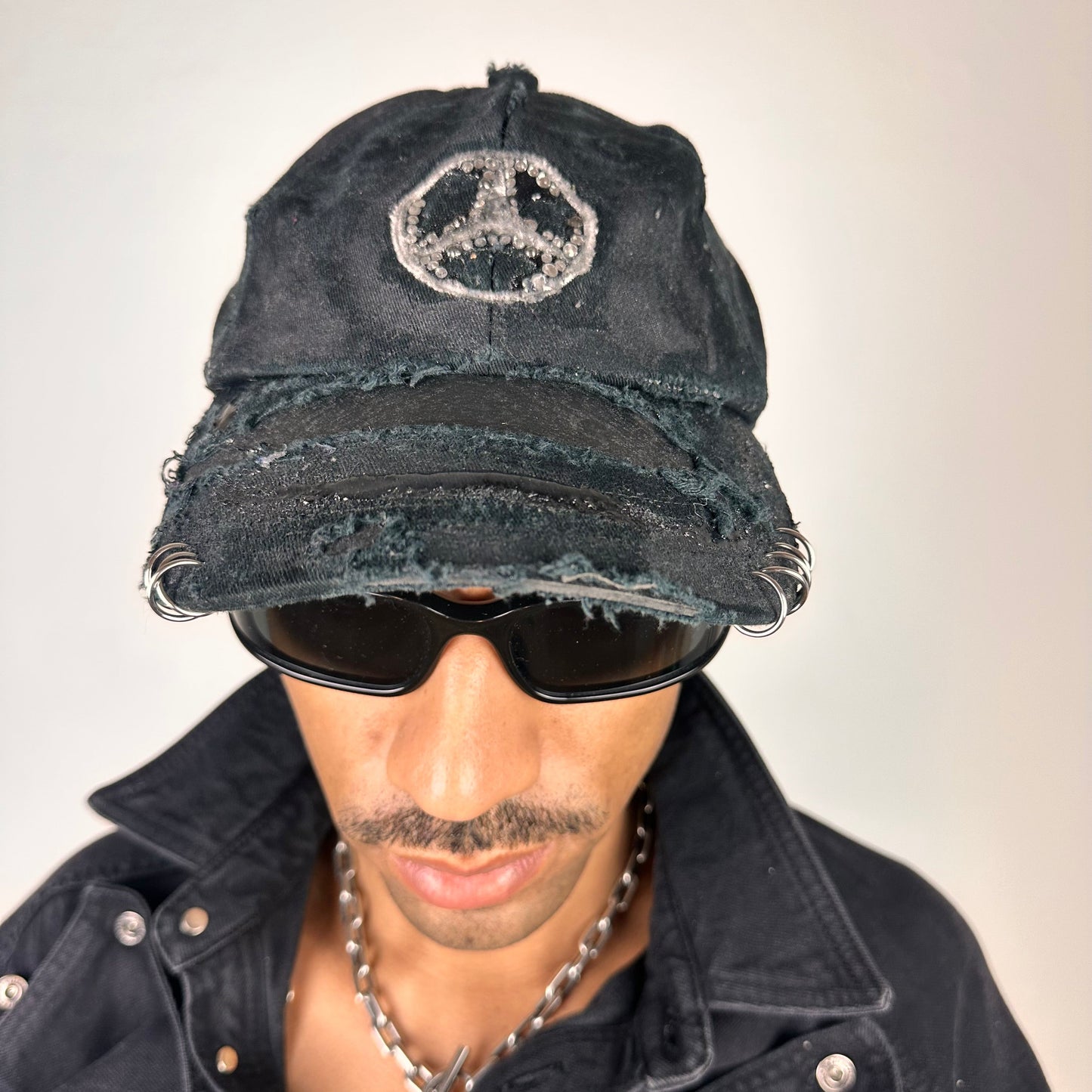 ASTROBOI* x Mercedes Rhinestone Black Distressed Hat - front 