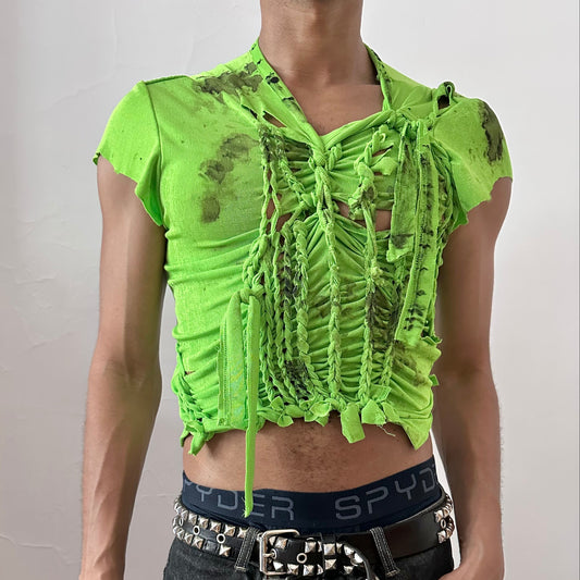 ASTROBOI* 'SS26' neon green body-hugging braided crop t-shirt with hand-braided construction and black watercolor paint design throughout, front view.
