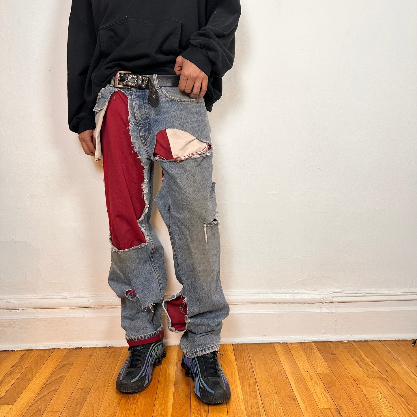 Cover image of ASTROBOI* Eddie Bauer mid blue baggy jeans, 38x36, ripped with flannel lining, relaxed fit, customized in NYC