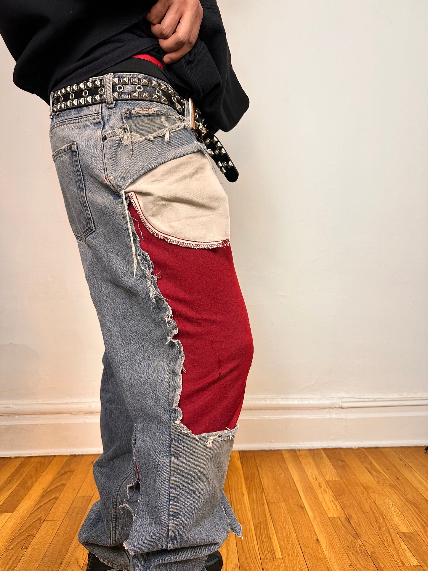 Close up of flannel lining on ASTROBOI* Eddie Bauer mid blue baggy jeans, 38x36, ripped with flannel lining, relaxed fit, customized in NYC