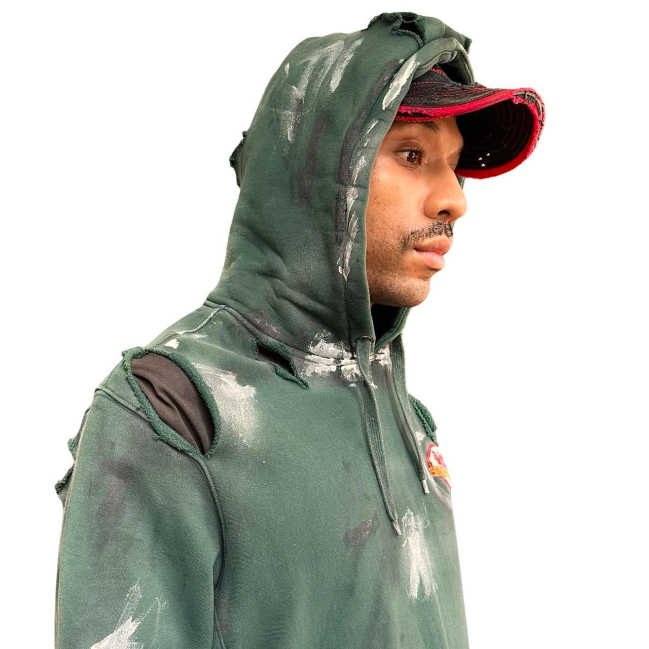 Green Heavyweight Oversized Painted Utility Hoodie – left close up