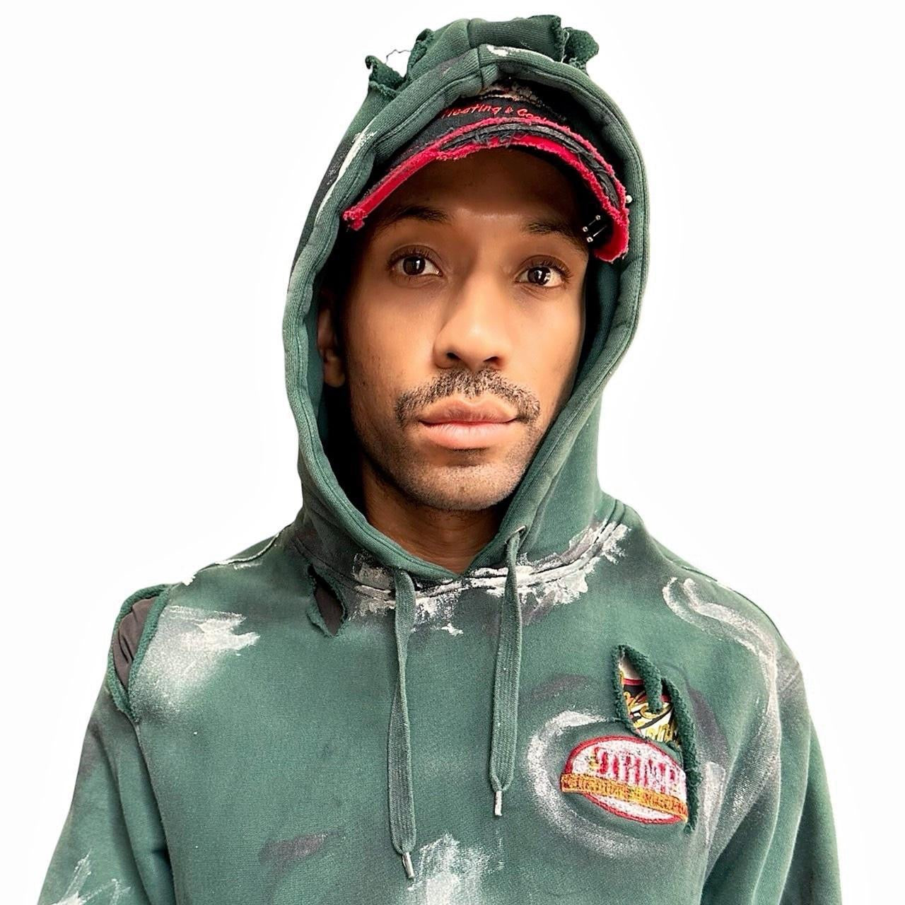 Green Heavyweight Oversized Painted Utility Hoodie – hood detail 