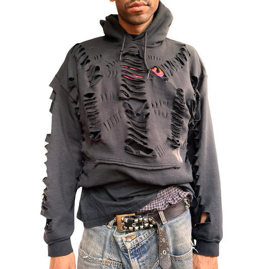 ASTROBOI x Gildan 'Trap Grunge' Black Ripped Oversized Hoodie – front close up