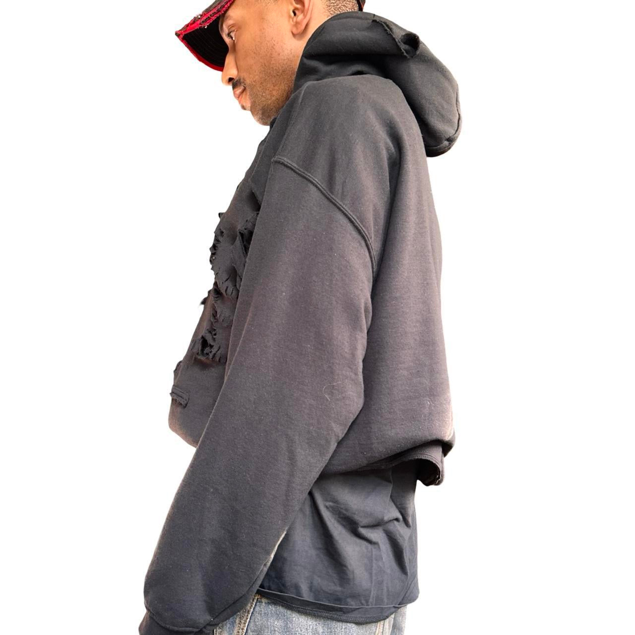 ASTROBOI x Gildan 'Trap Grunge' Black Ripped Oversized Hoodie – front close up