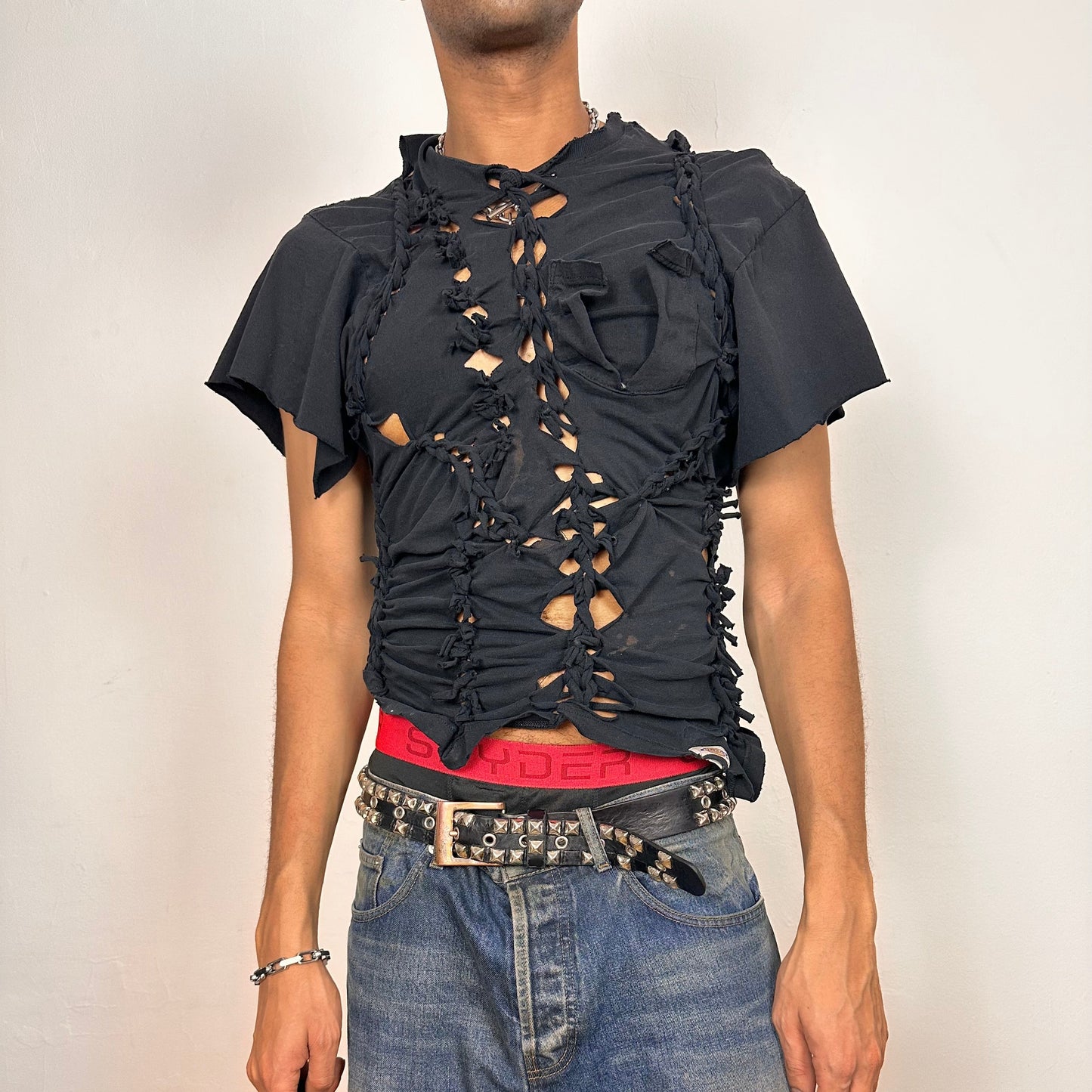 Cover photo of ASTROBOI* x Dickies navy short sleeve T-shirt with braided and twisted knot detailing, size large, relaxed slim fit, custom upcycled design.