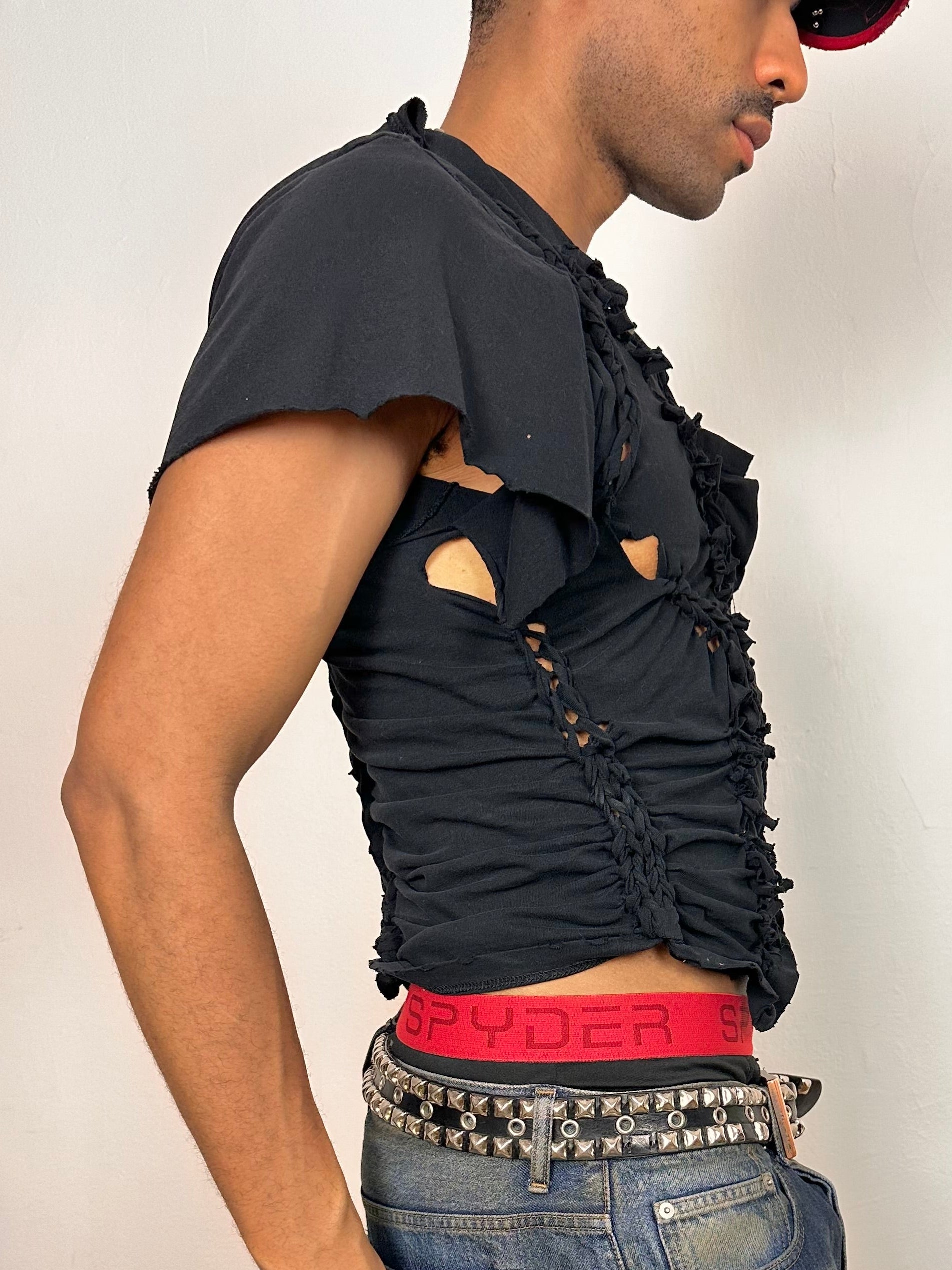 Right side of ASTROBOI* x Dickies navy short sleeve T-shirt with braided and twisted knot detailing, size large, relaxed slim fit, custom upcycled design.