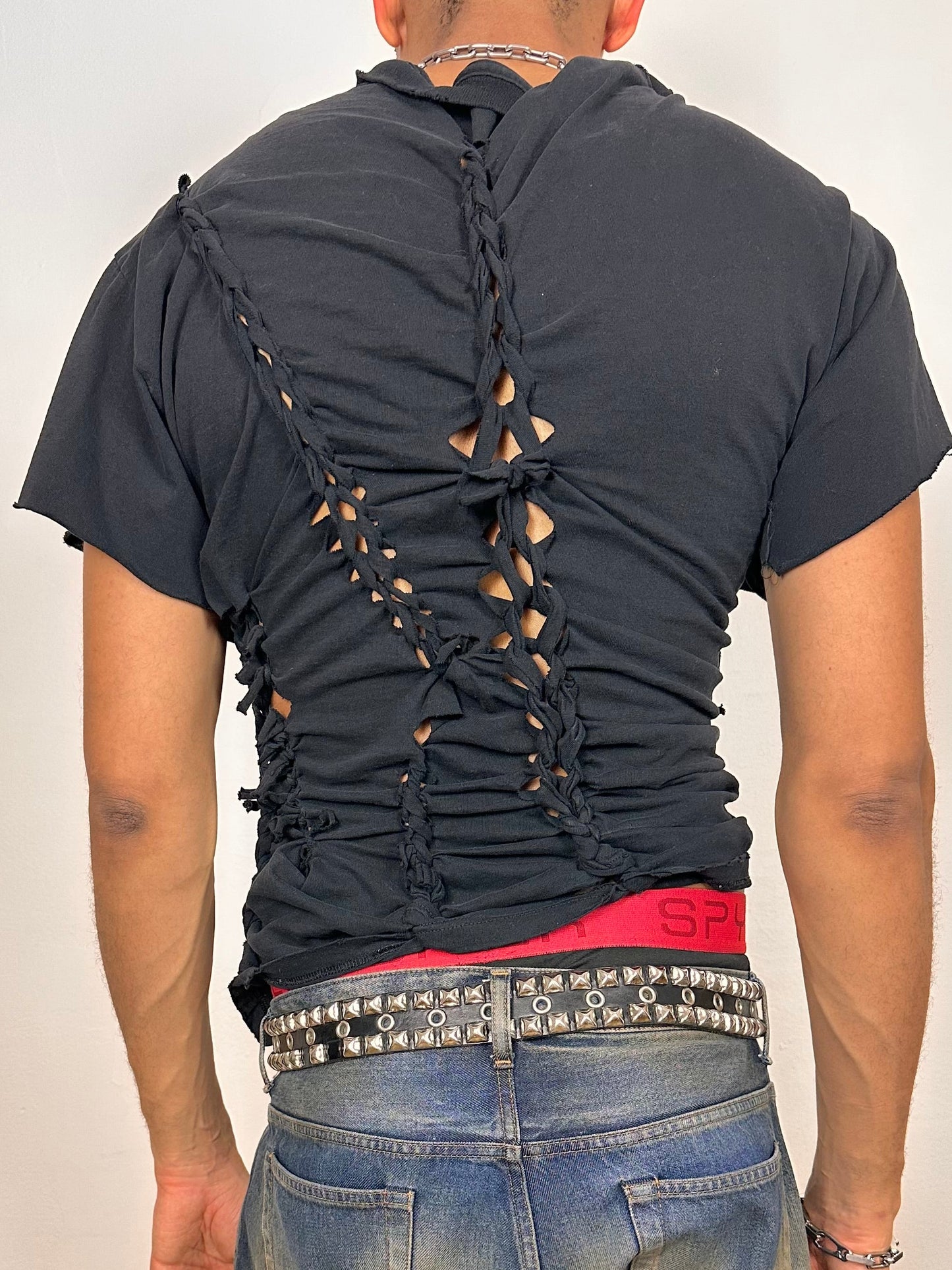 Back of ASTROBOI* x Dickies navy short sleeve T-shirt with braided and twisted knot detailing, size large, relaxed slim fit, custom upcycled design.