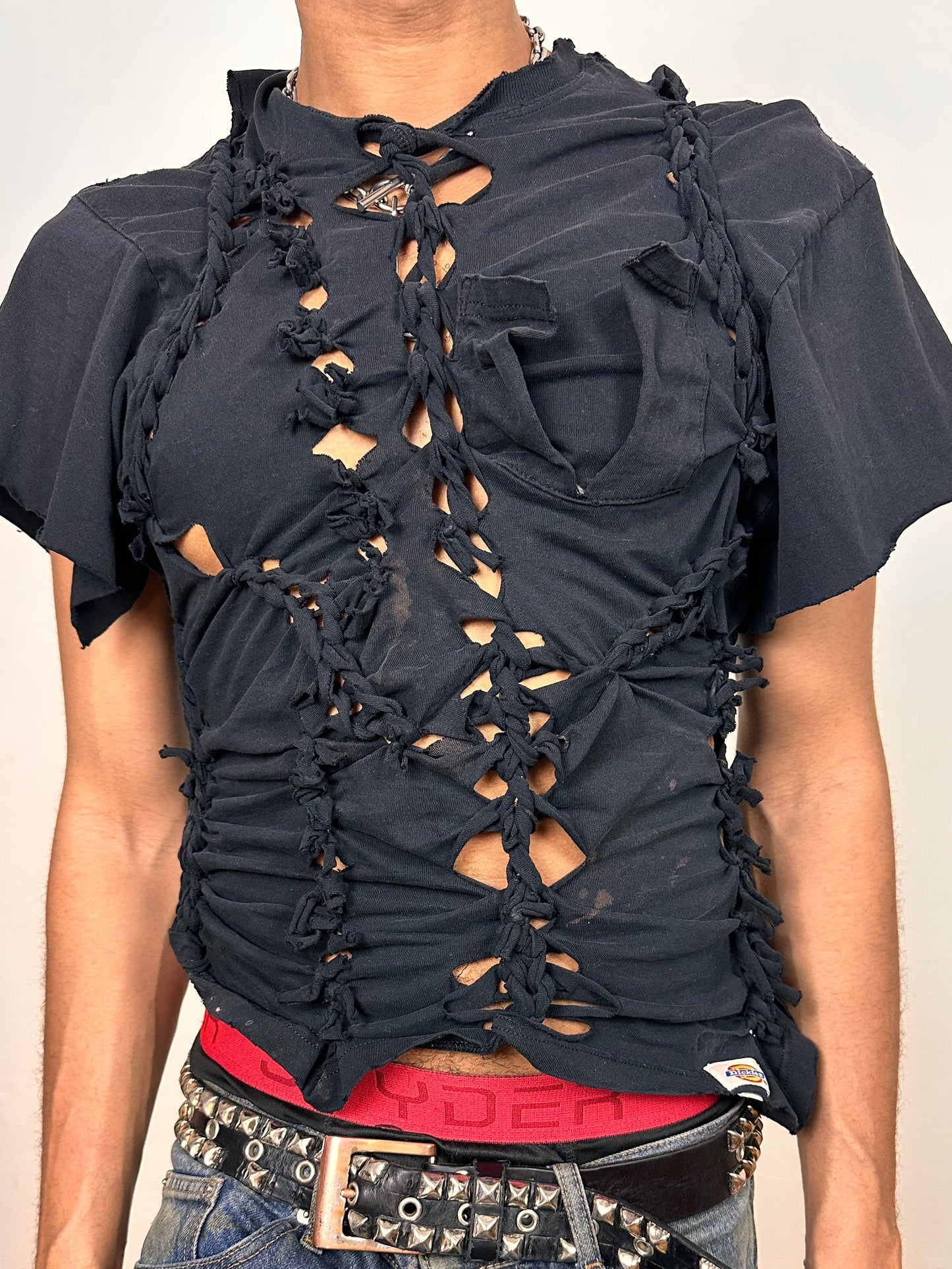 Close up of ASTROBOI* x Dickies navy short sleeve T-shirt with braided and twisted knot detailing, size large, relaxed slim fit, custom upcycled design.