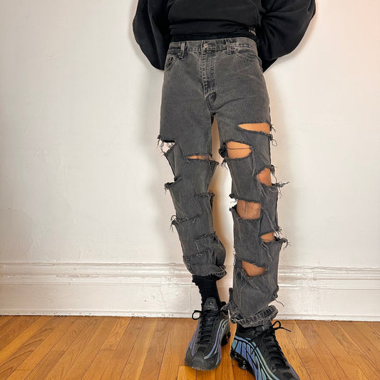 Cover image of ASTROBOI* x Levi’s gray ripped jeans with side slashes and straight leg fit, size 36x32, custom distressed in Brooklyn