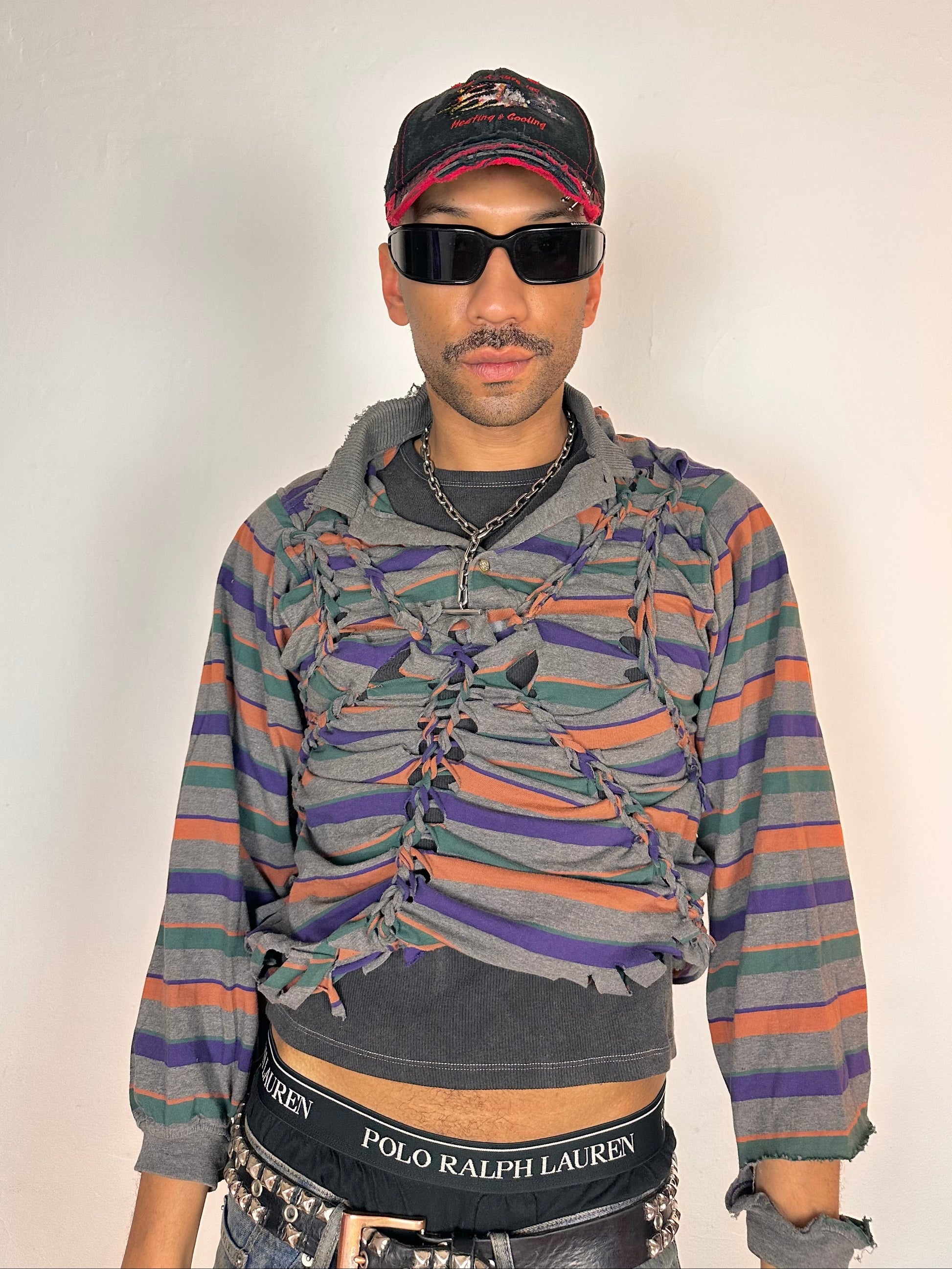 Styled image of ASTROBOI* Oren grey striped braided twist long sleeve polo top with deconstructed sleeves and loose fit, size Medium