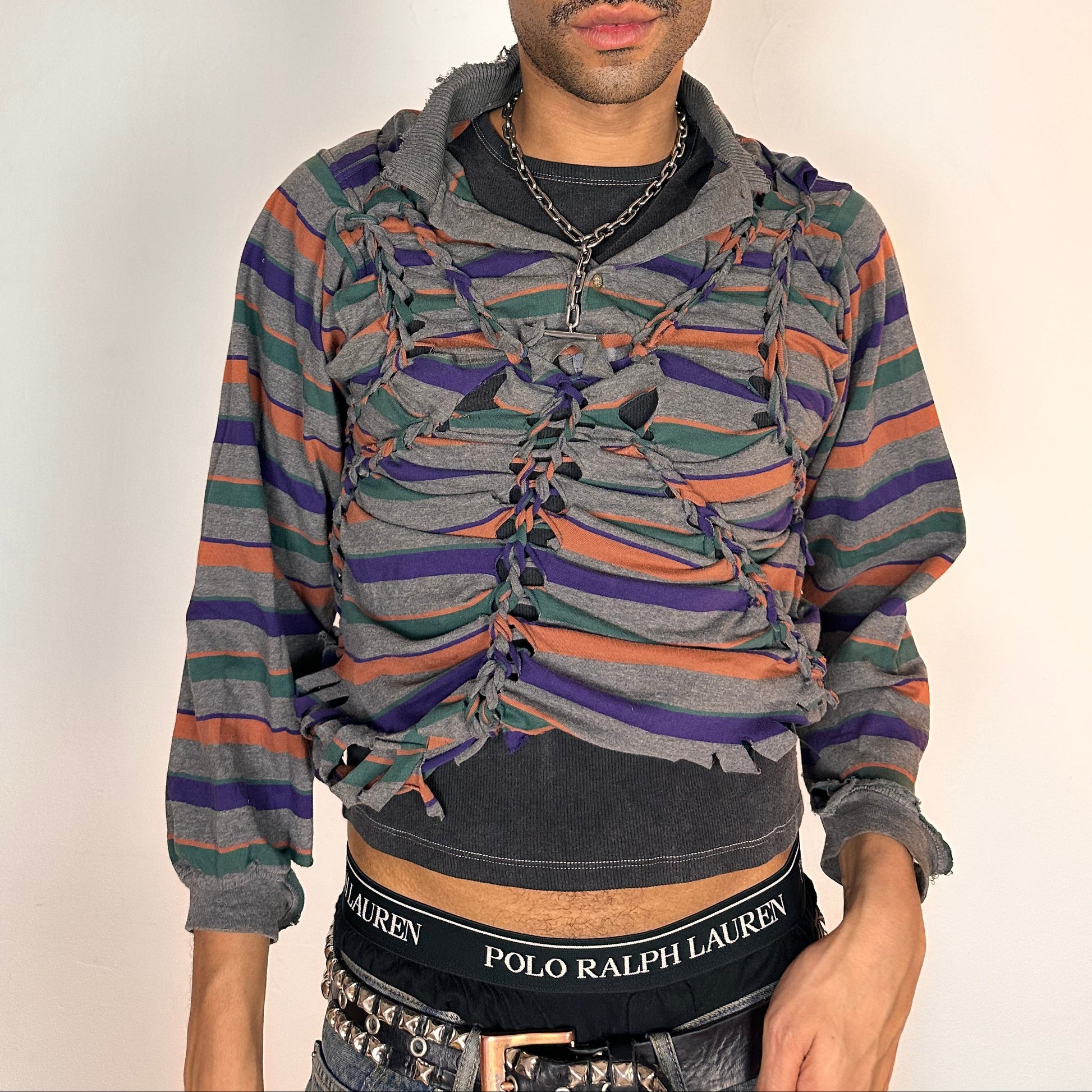 Cover issue of ASTROBOI* Oren grey striped braided twist long sleeve polo top with deconstructed sleeves and loose fit, size Medium