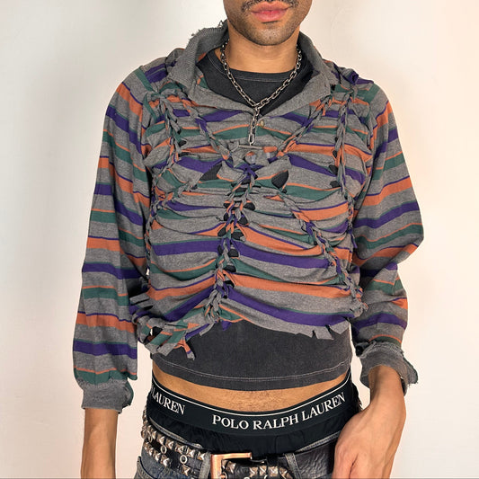 Cover issue of ASTROBOI* Oren grey striped braided twist long sleeve polo top with deconstructed sleeves and loose fit, size Medium