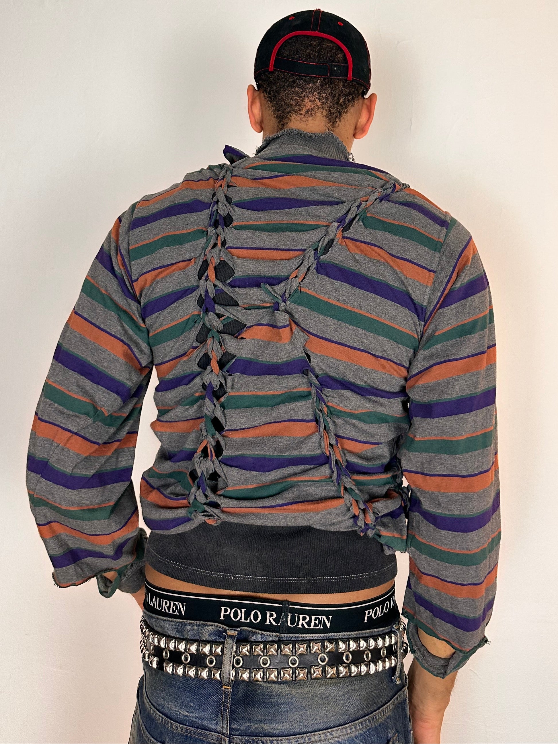 Back of ASTROBOI* Oren grey striped braided twist long sleeve polo top with deconstructed sleeves and loose fit, size Medium