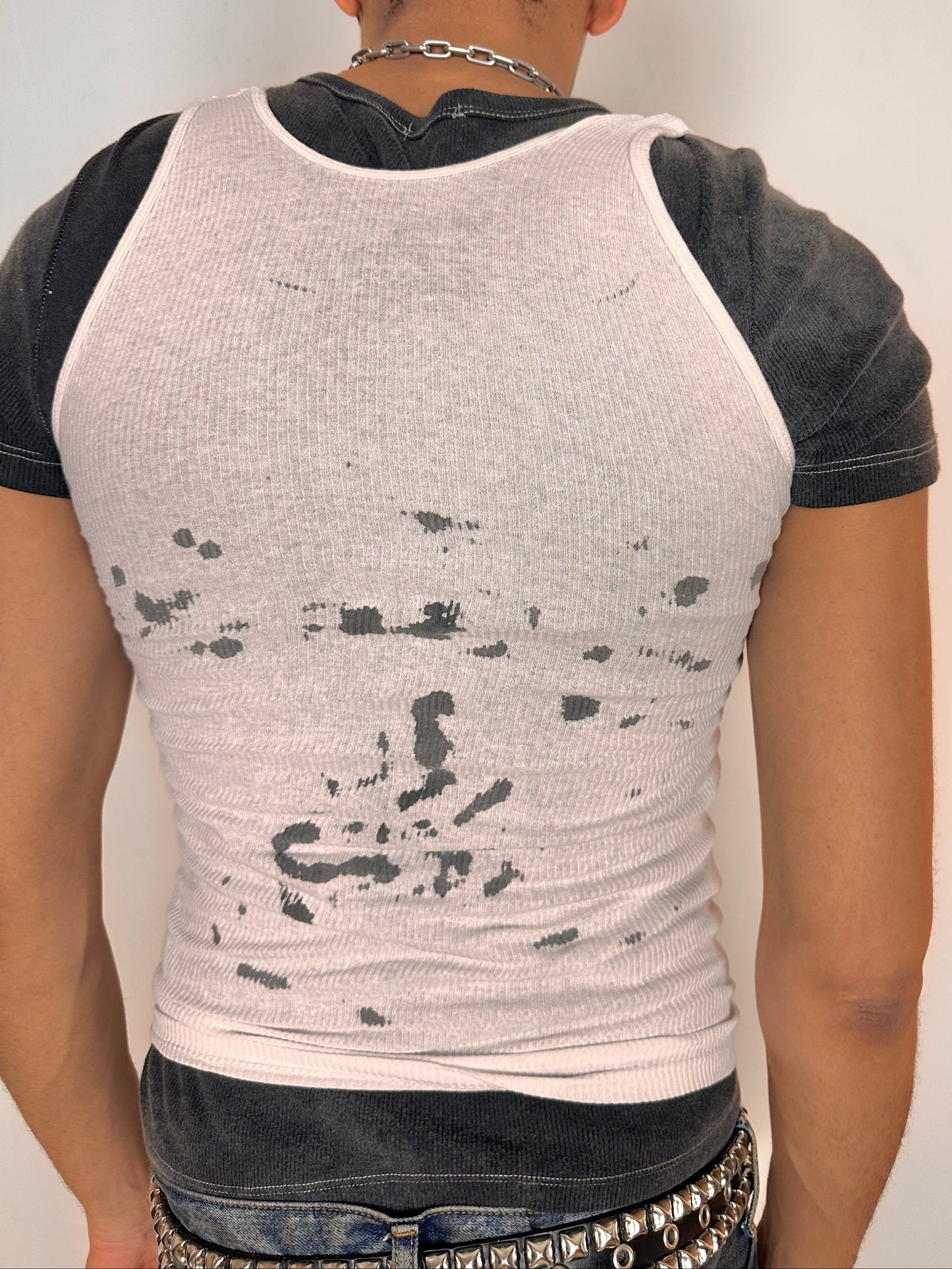 Back of ASTROBOI* x Hanes white tank top with black hand-painted Y2K tattoo print, size Small, slim fit, made in NYC