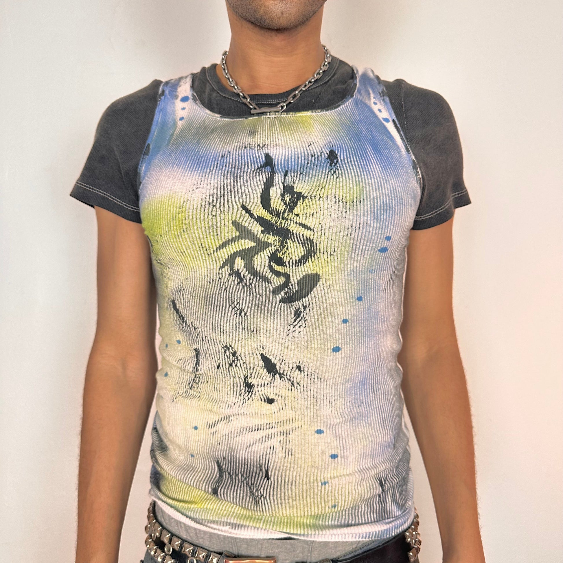 Cover image of ASTROBOI* x Hanes white tank top with black Y2K tattoo print and blue yellow airbrushed details, size Large, slim fit, made in NYC