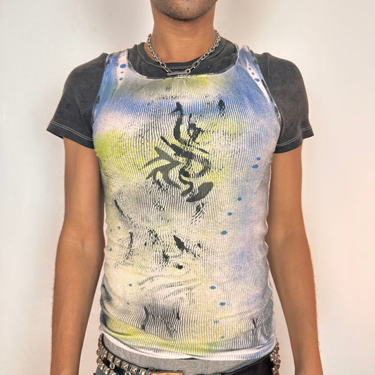 Cover image of ASTROBOI* x Hanes white tank top with black Y2K tattoo print and blue yellow airbrushed details, size Large, slim fit, made in NYC