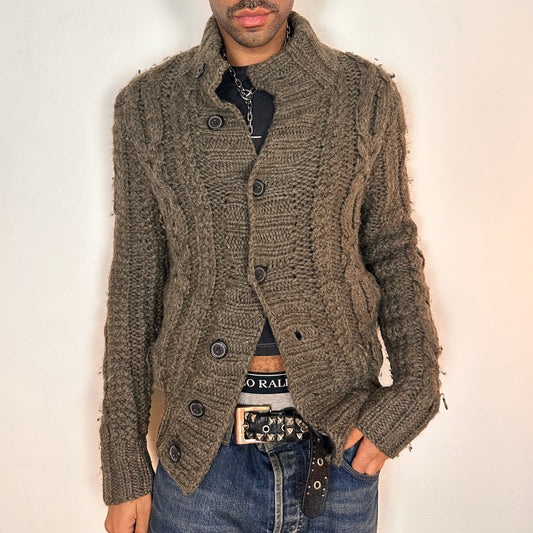 Vintage Y2K Abercrombie & Fitch Gray/Brown Oversized Cable Knit Cardigan - Medium