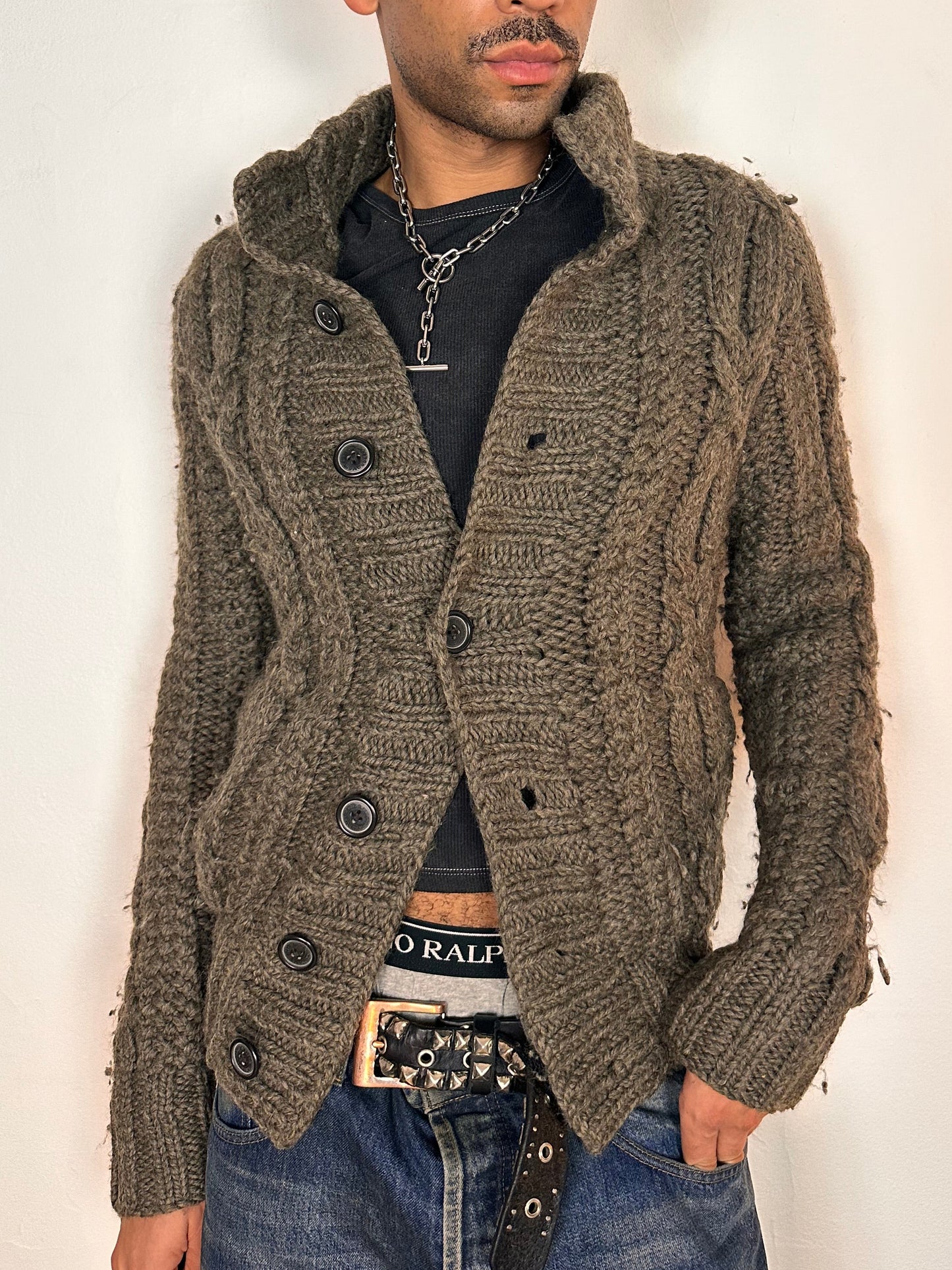 Vintage Y2K Abercrombie & Fitch Gray/Brown Oversized Cable Knit Cardigan - Medium