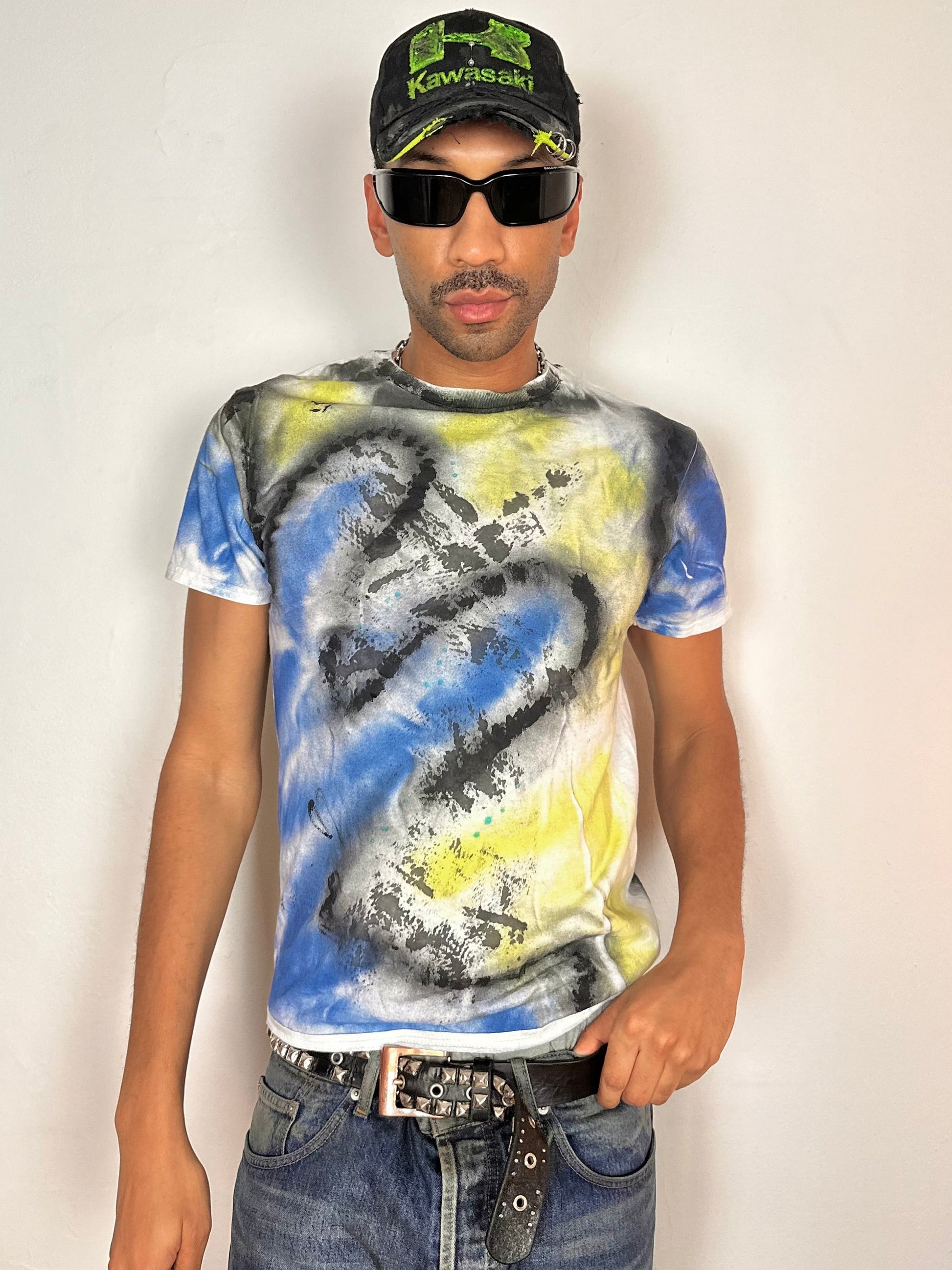 Styled image of ASTROBOI* x Gildan Summer Haze white graphic T-shirt with custom airbrushed design, relaxed fit, 100% cotton, size Medium