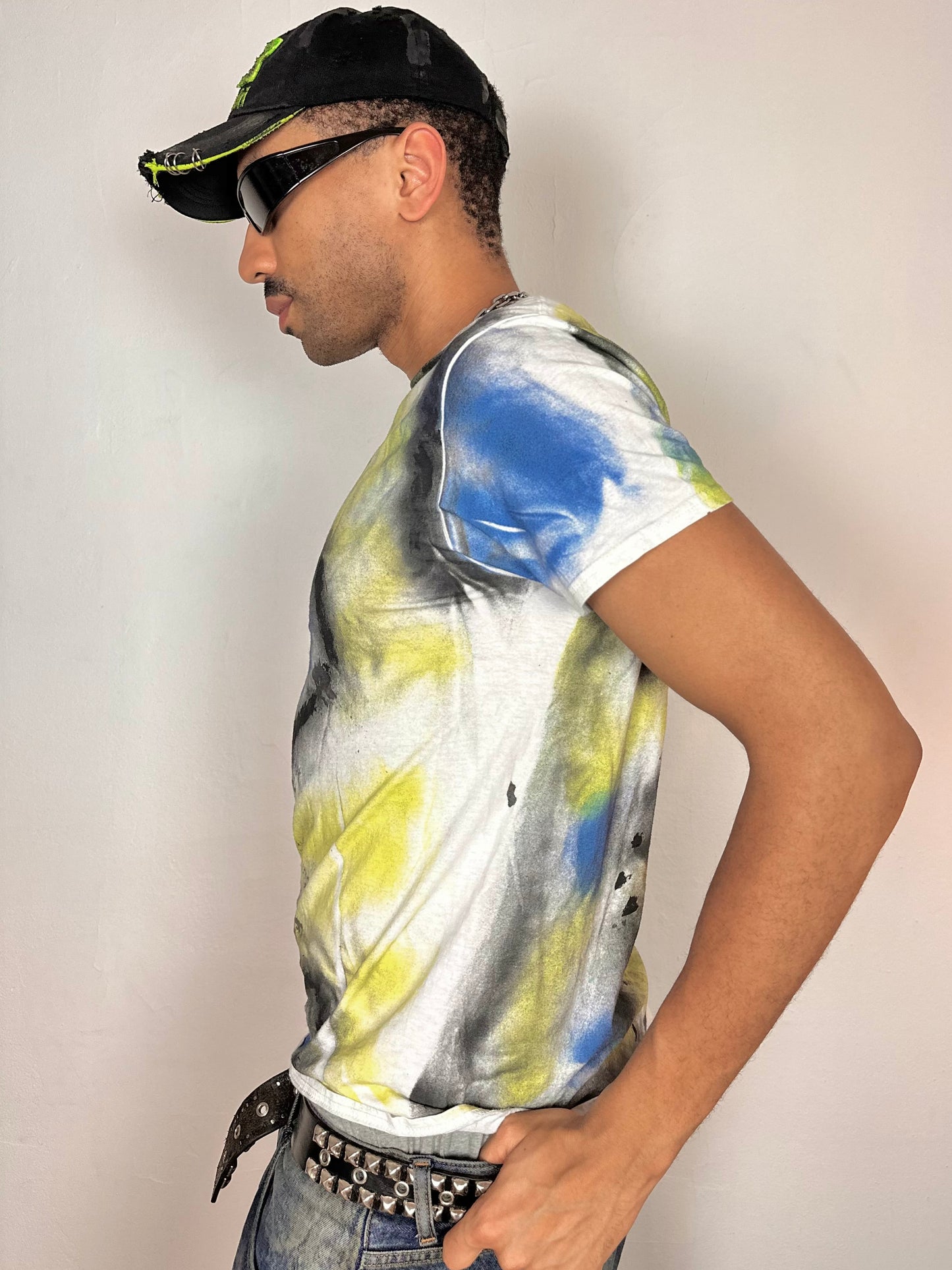 Left side of ASTROBOI* x Gildan Summer Haze white graphic T-shirt with custom airbrushed design, relaxed fit, 100% cotton, size Medium