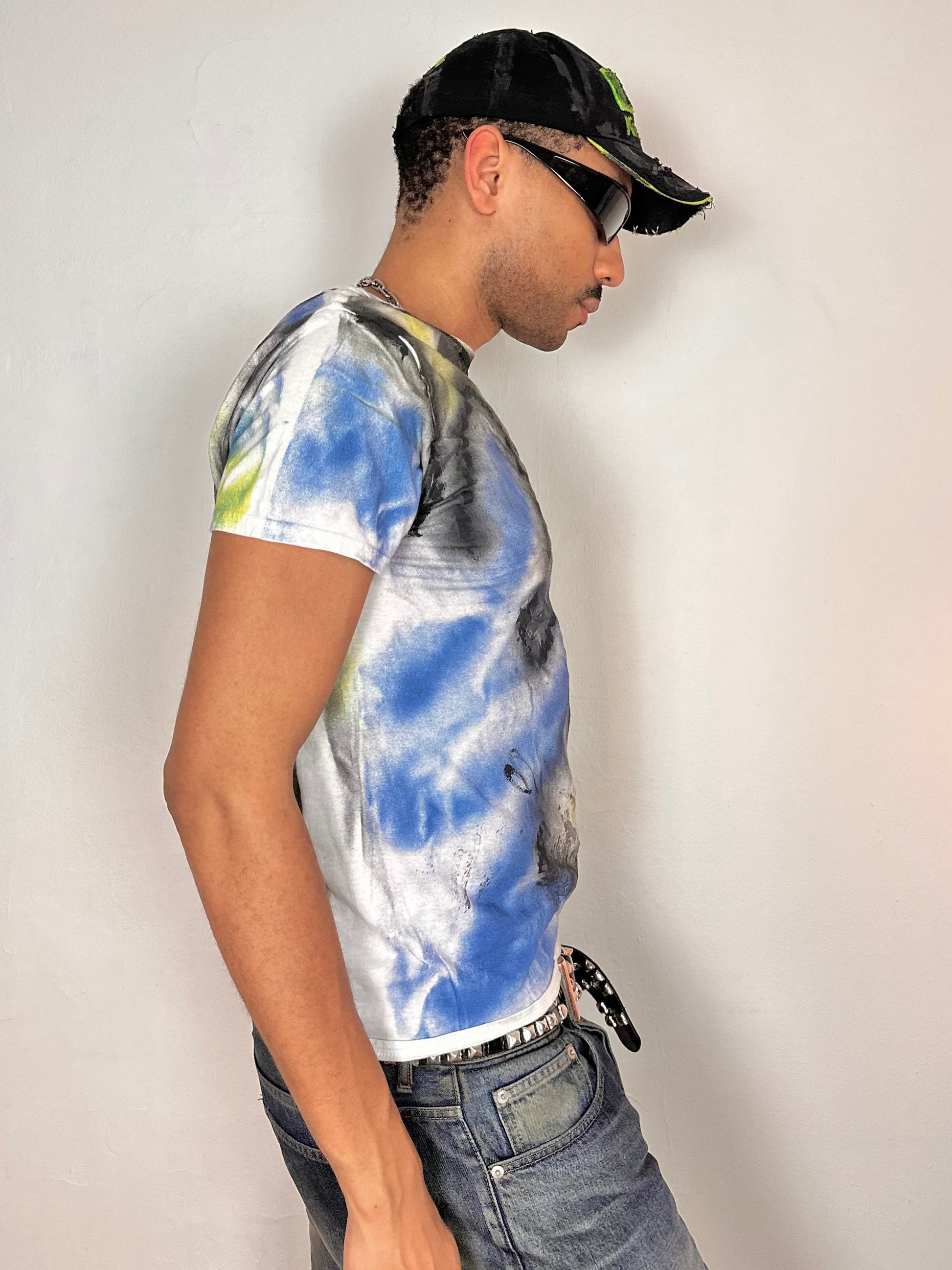 Right side of ASTROBOI* x Gildan Summer Haze white graphic T-shirt with custom airbrushed design, relaxed fit, 100% cotton, size Medium