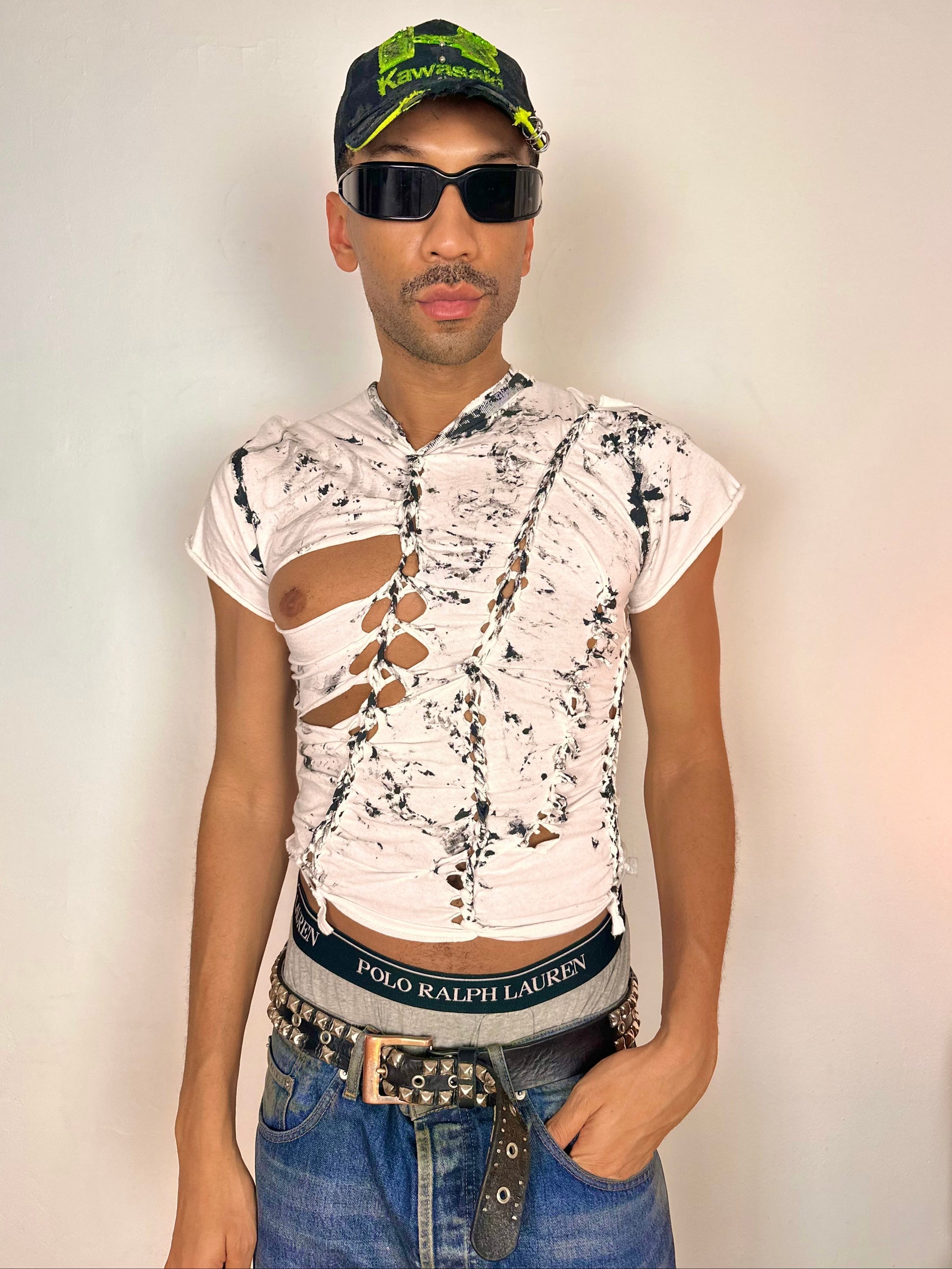 Overview of ASTROBOI* x Gildan white and black braided twist T-shirt with slashed detailing and hand-painted design, slim fit, size Medium