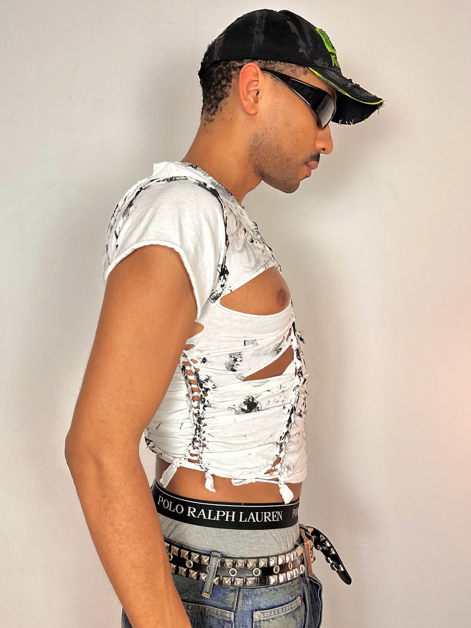 Right side of ASTROBOI* x Gildan white and black braided twist T-shirt with slashed detailing and hand-painted design, slim fit, size Medium