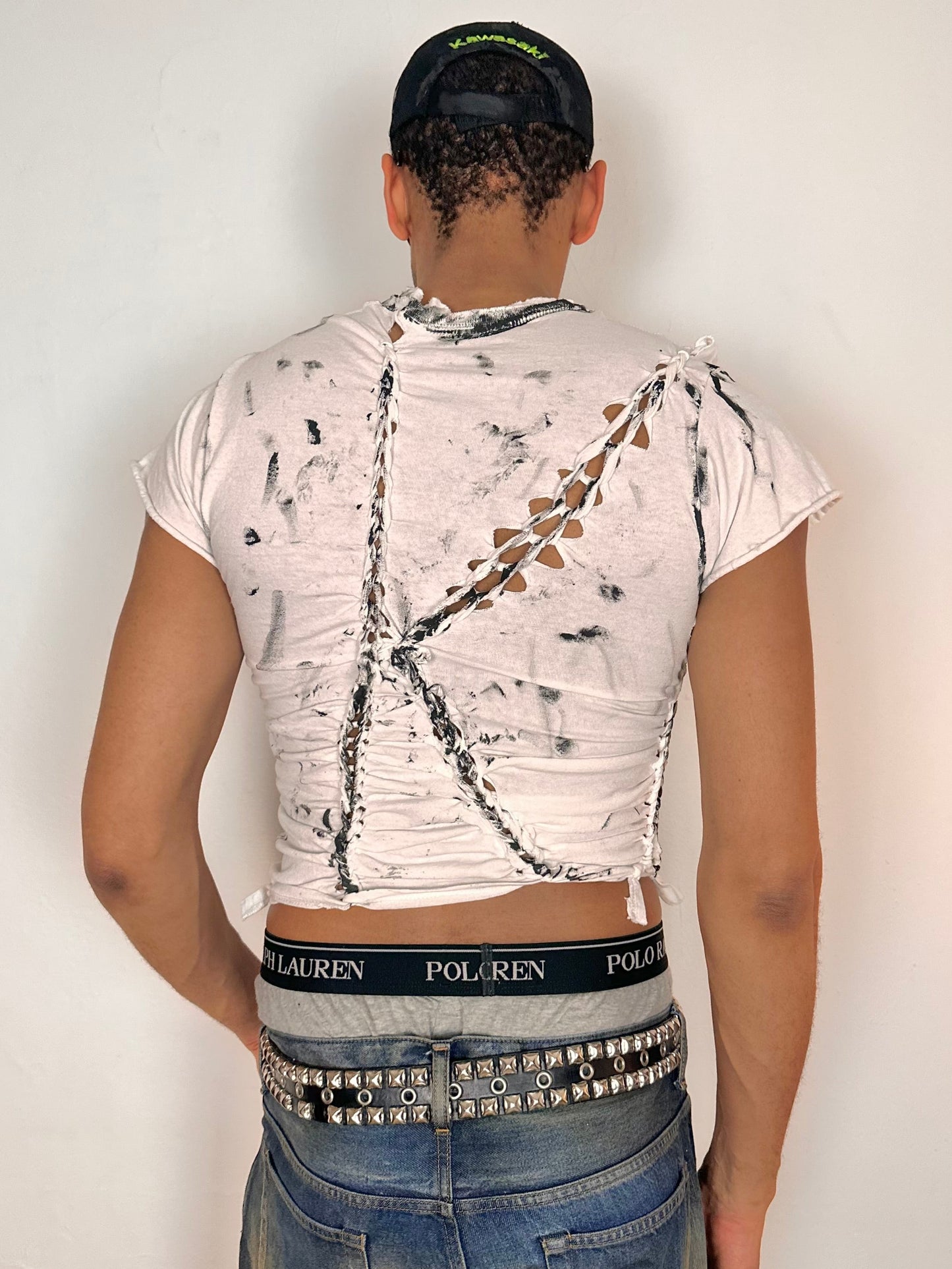 Back of ASTROBOI* x Gildan white and black braided twist T-shirt with slashed detailing and hand-painted design, slim fit, size Medium