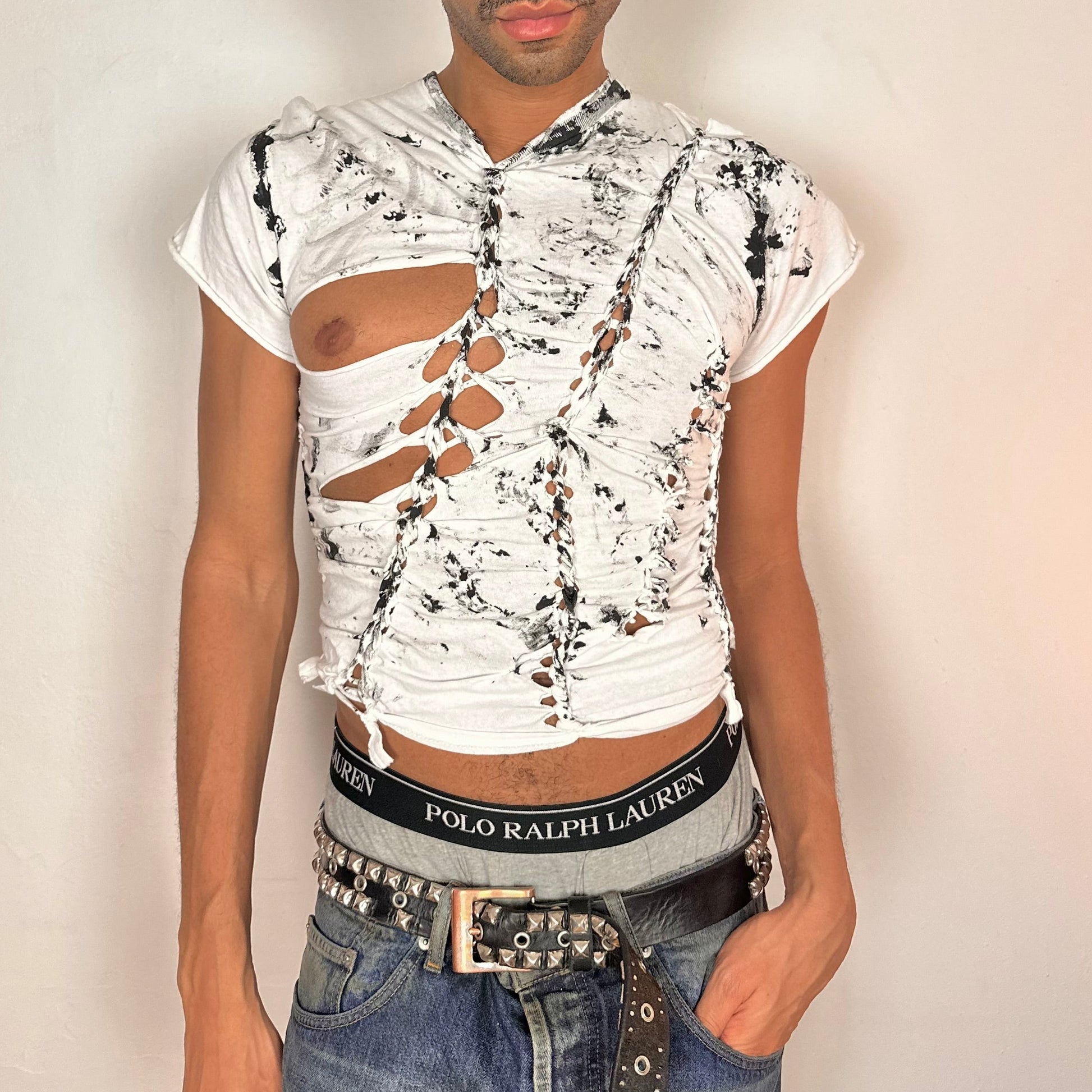 Cover photo of ASTROBOI* x Gildan white and black braided twist T-shirt with slashed detailing and hand-painted design, slim fit, size Medium