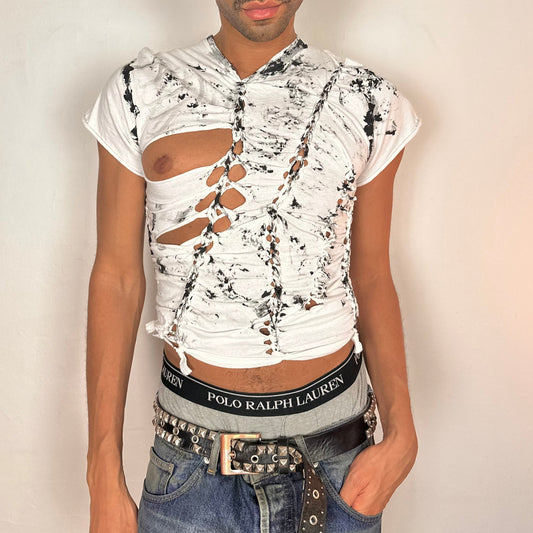 Cover photo of ASTROBOI* x Gildan white and black braided twist T-shirt with slashed detailing and hand-painted design, slim fit, size Medium