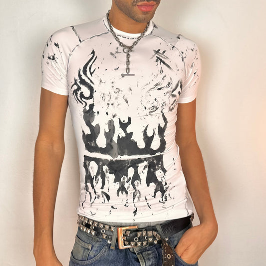 Cover image of ASTROBOI* Flames white and black tattoo print compression top with stretch fabric and tight fit, hand-painted design, size Medium