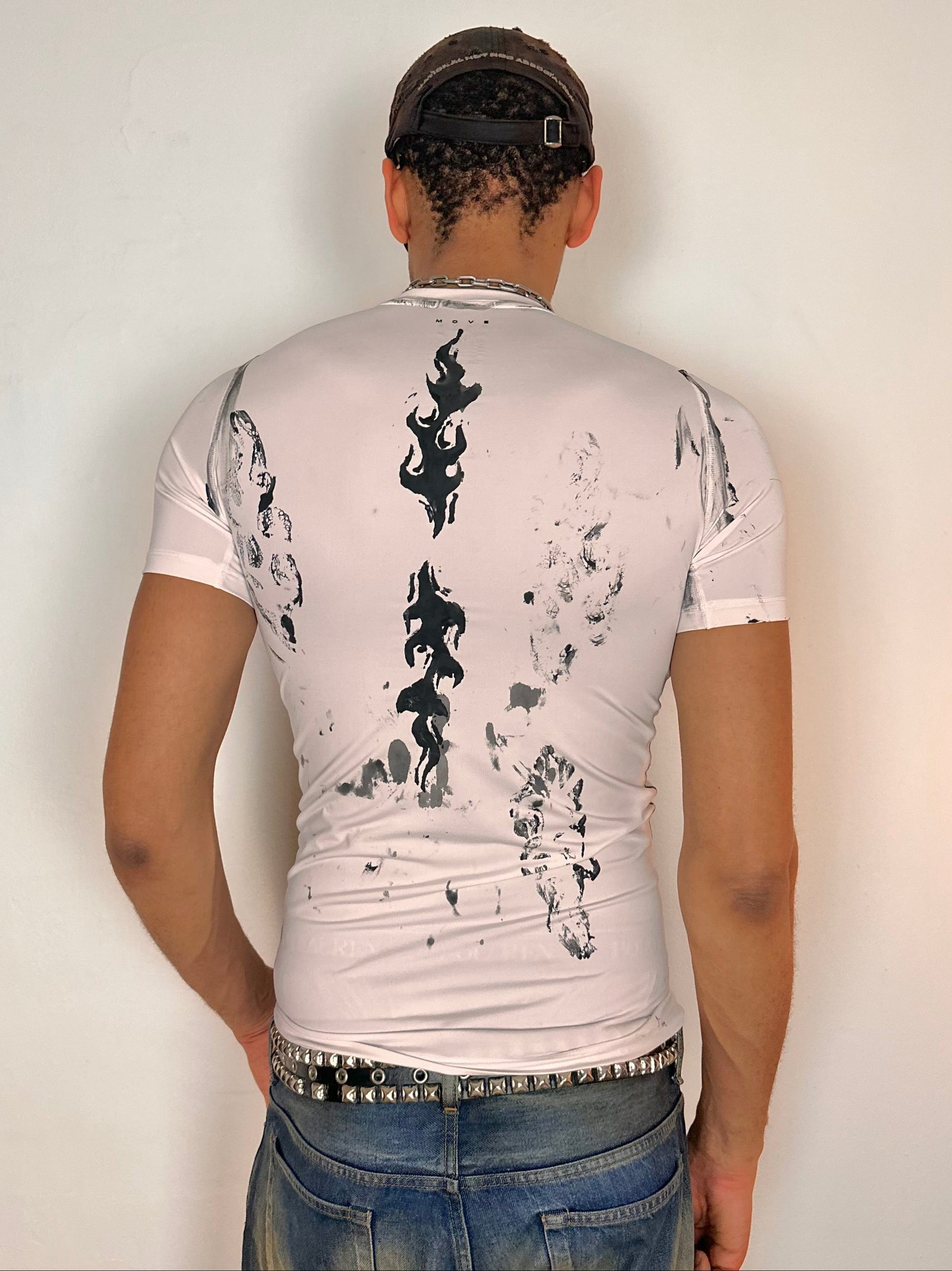 Back of ASTROBOI* Flames white and black tattoo print compression top with stretch fabric and tight fit, hand-painted design, size Medium