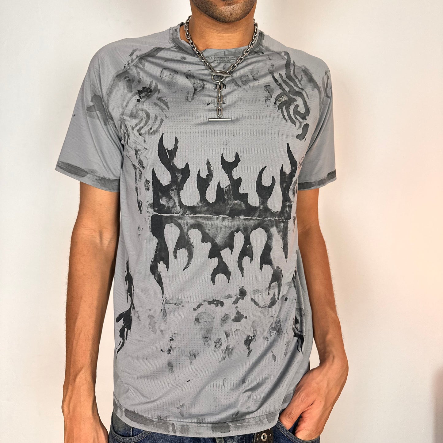 Cover image of ASTROBOI* Flames grey and black tattoo print compression top with moisture-wicking sports fabric and tight fit, size Large