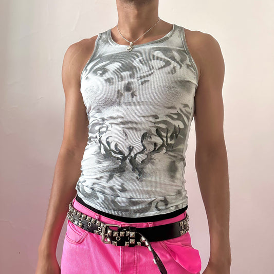 ASTROBOI* x Gildan 'Black Fire' white Y2K tank top with hand-painted black abstract flame print throughout, front view.