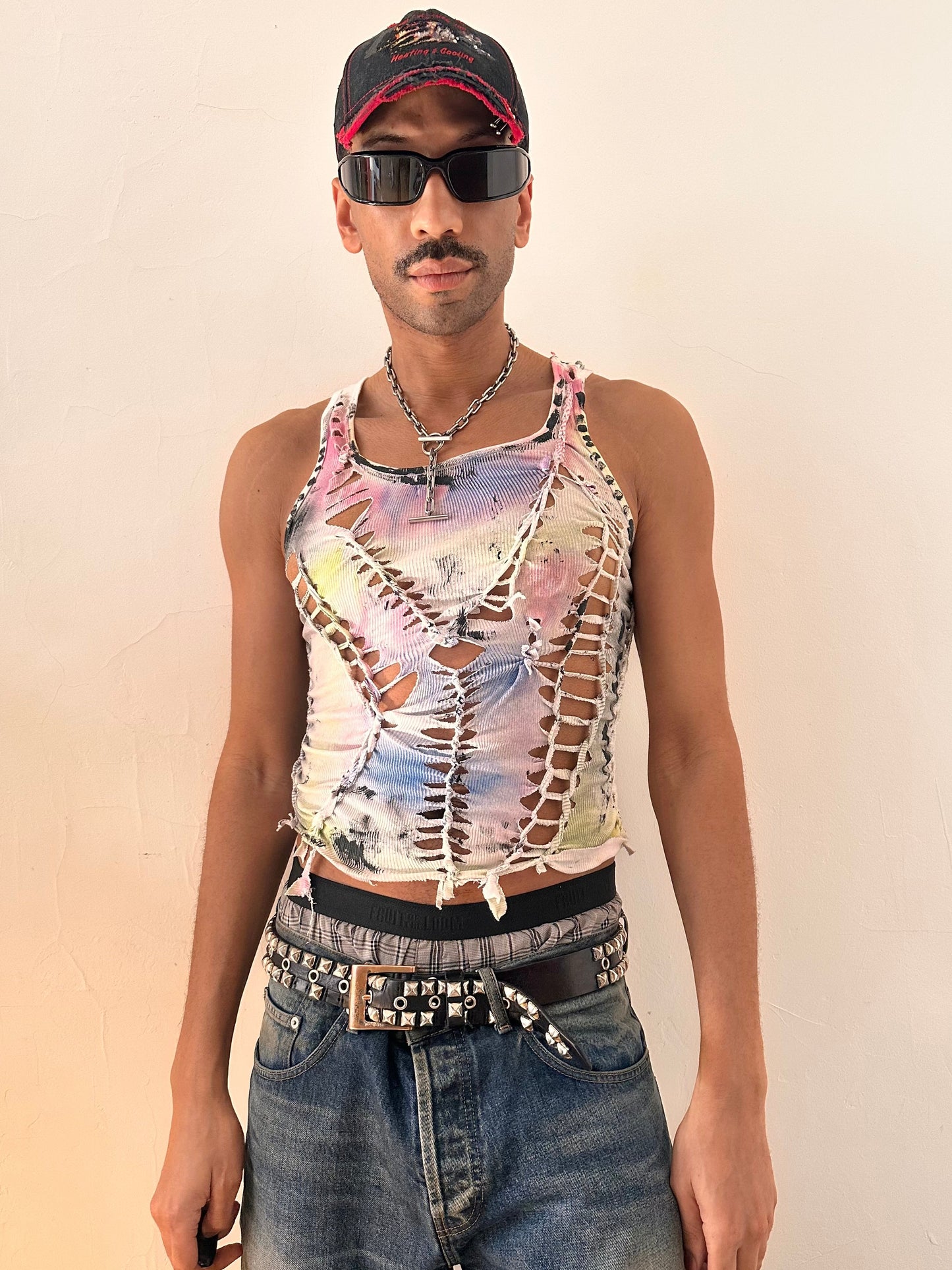 ASTROBOI* x Calvin Klein 'Technicolor' White Braided Rainbow Painted Twist Tank Top  - Medium