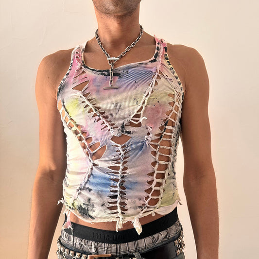 ASTROBOI* x Calvin Klein 'Technicolor' White Braided Rainbow Painted Twist Tank Top  - Medium