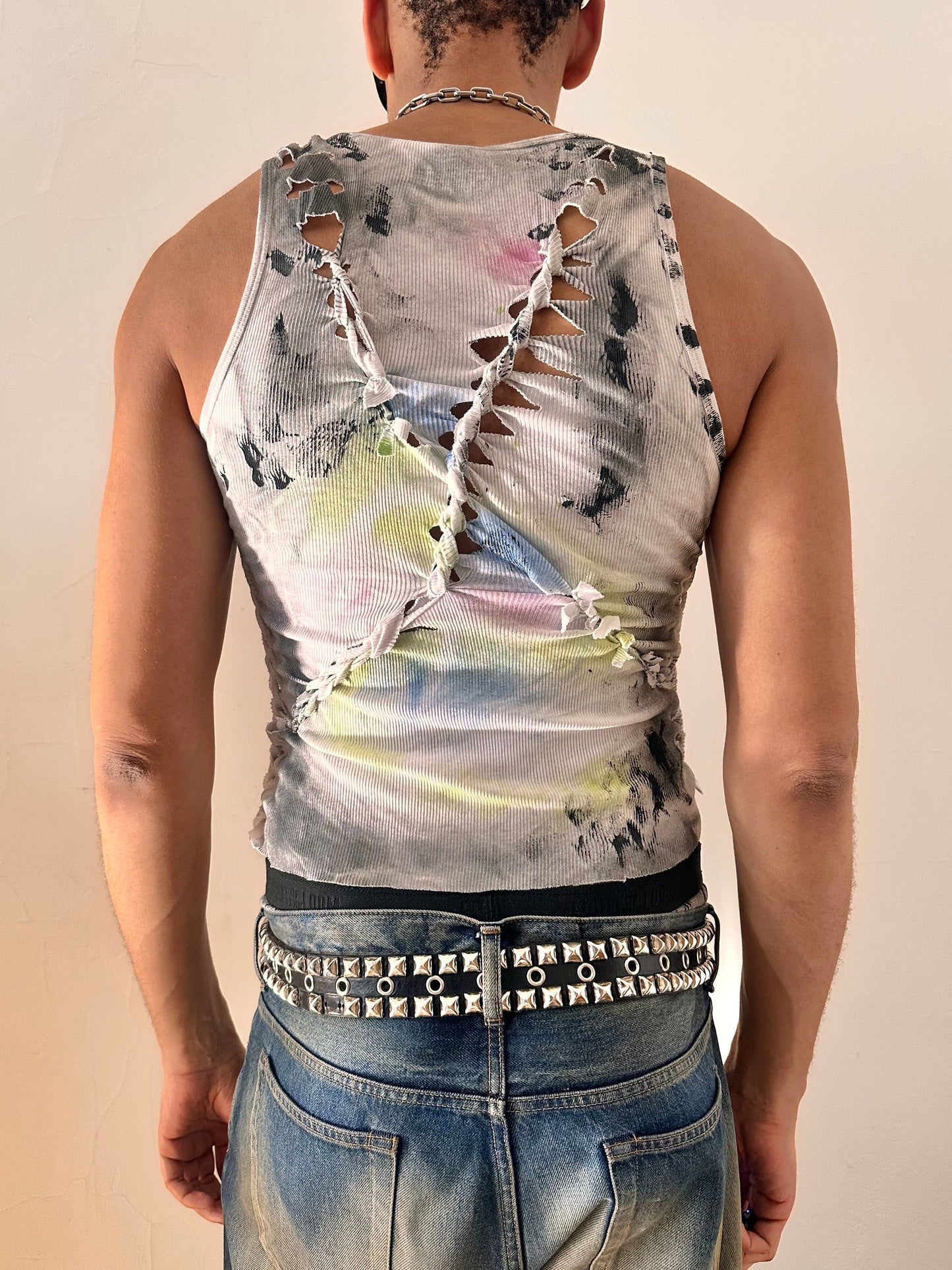 ASTROBOI* x Calvin Klein 'Technicolor' White Braided Rainbow Painted Twist Tank Top  - Medium