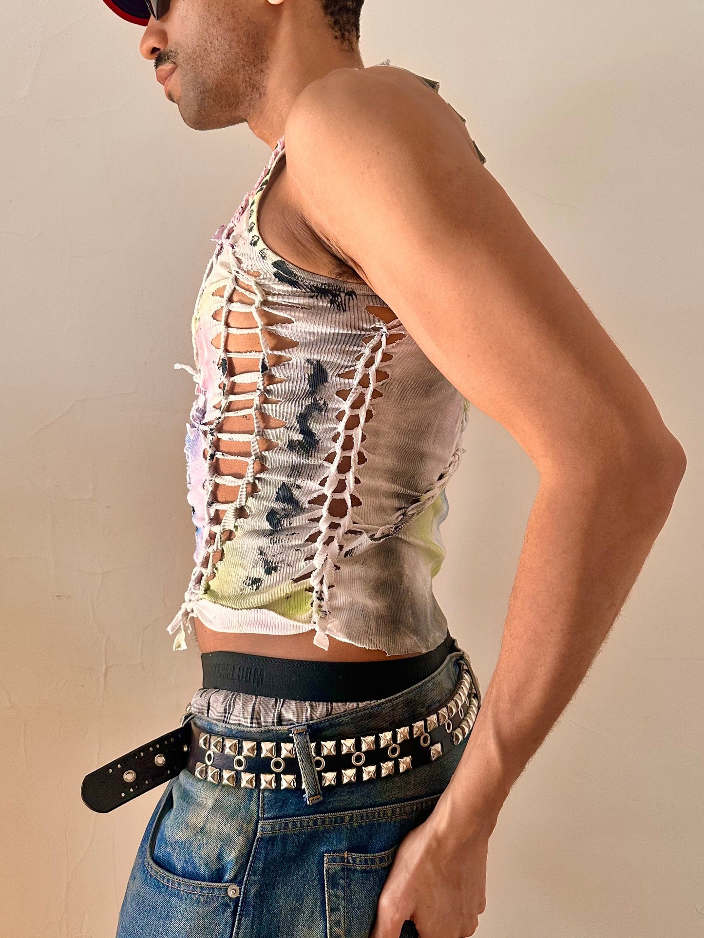 ASTROBOI* x Calvin Klein 'Technicolor' White Braided Rainbow Painted Twist Tank Top  - Medium